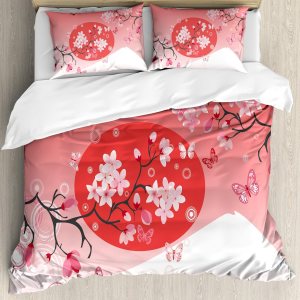 Ambesonne Juego de funda de edredón asiática, ramas de cereza japonesa sobre el sol con imagen de temporada de montaña reflejada en la colina, juego Ambesonne Juego de funda de edredón asiática, ramas de cereza japonesa sobre el sol con imagen de temporada de montaña reflejada en la colina, juego