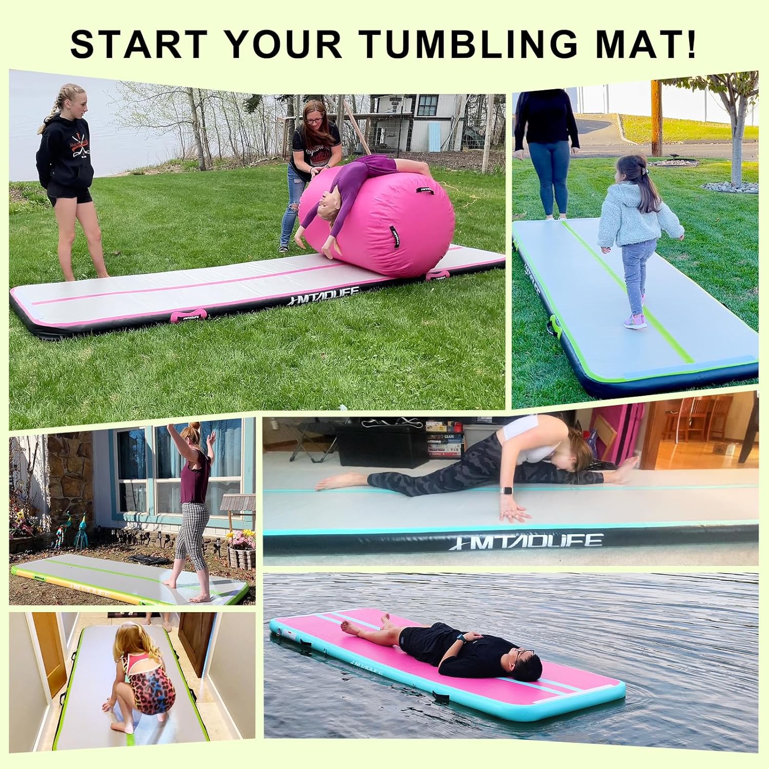 Hmtaolife Colchoneta de gimnasia con correa para el hombro, 6.610131620 pies de entrenamiento inflable para niños, piso grueso con bomba eléctrica,