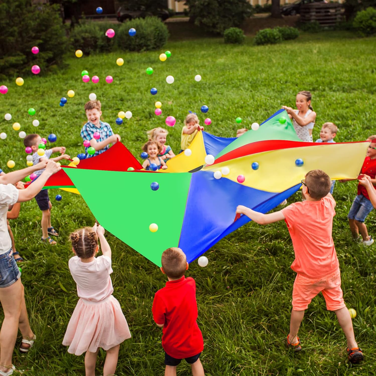 Jenaai Paracaídas arcoíris de 24 pies para niños con asas, para jugar paracaídas, gimnasia, correr, paracaídas, trampolín, cubierta de sombra para