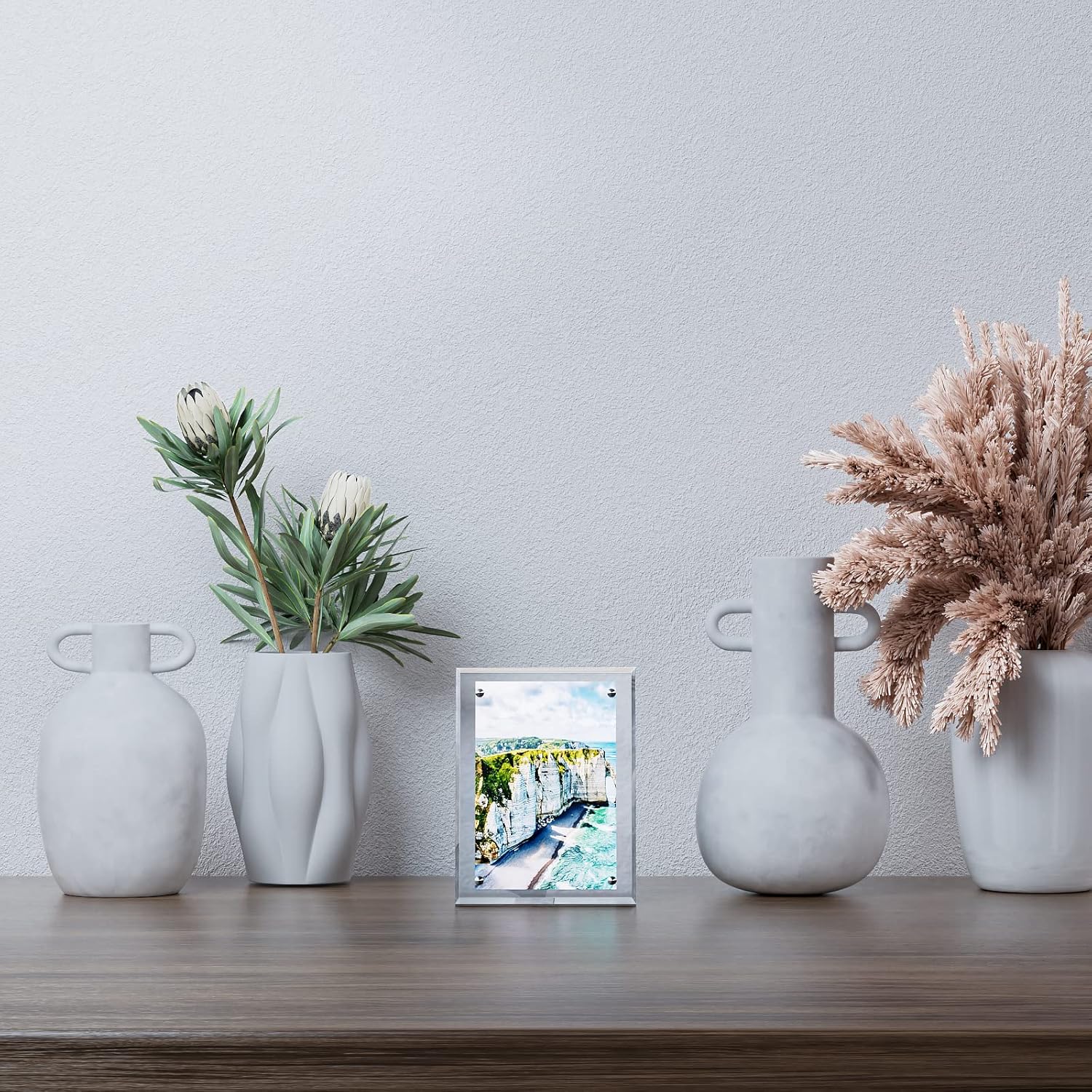 Marco de fotos acrílico, paquete de 2 marcos magnéticos transparentes de doble cara de 5 x 7 pulgadas, marcos de fotos de escritorio sin marco con