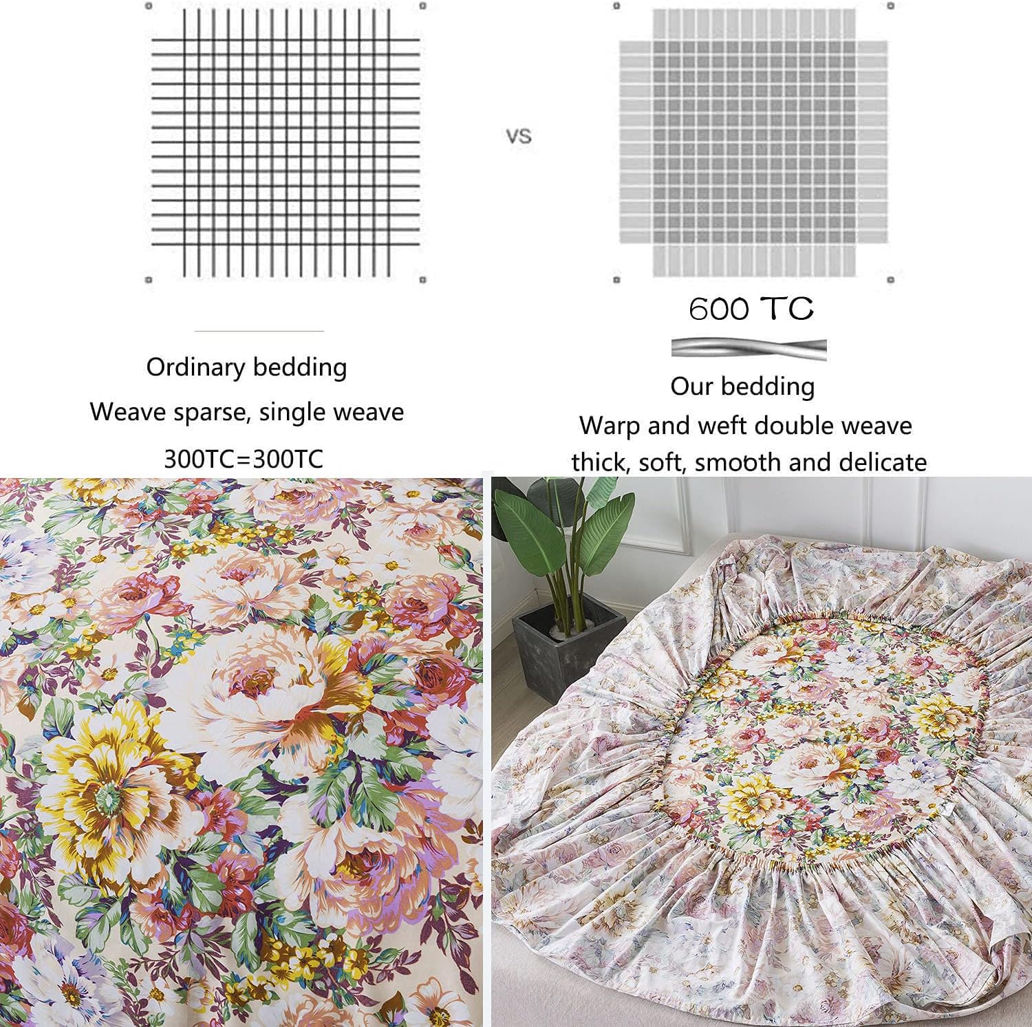 FADFAY Juego de sábanas vintage con diseño floral, tamaño matrimonial, 4 piezas, 100% algodón, suave, estilo francés, estilo rural, jardín, flores,