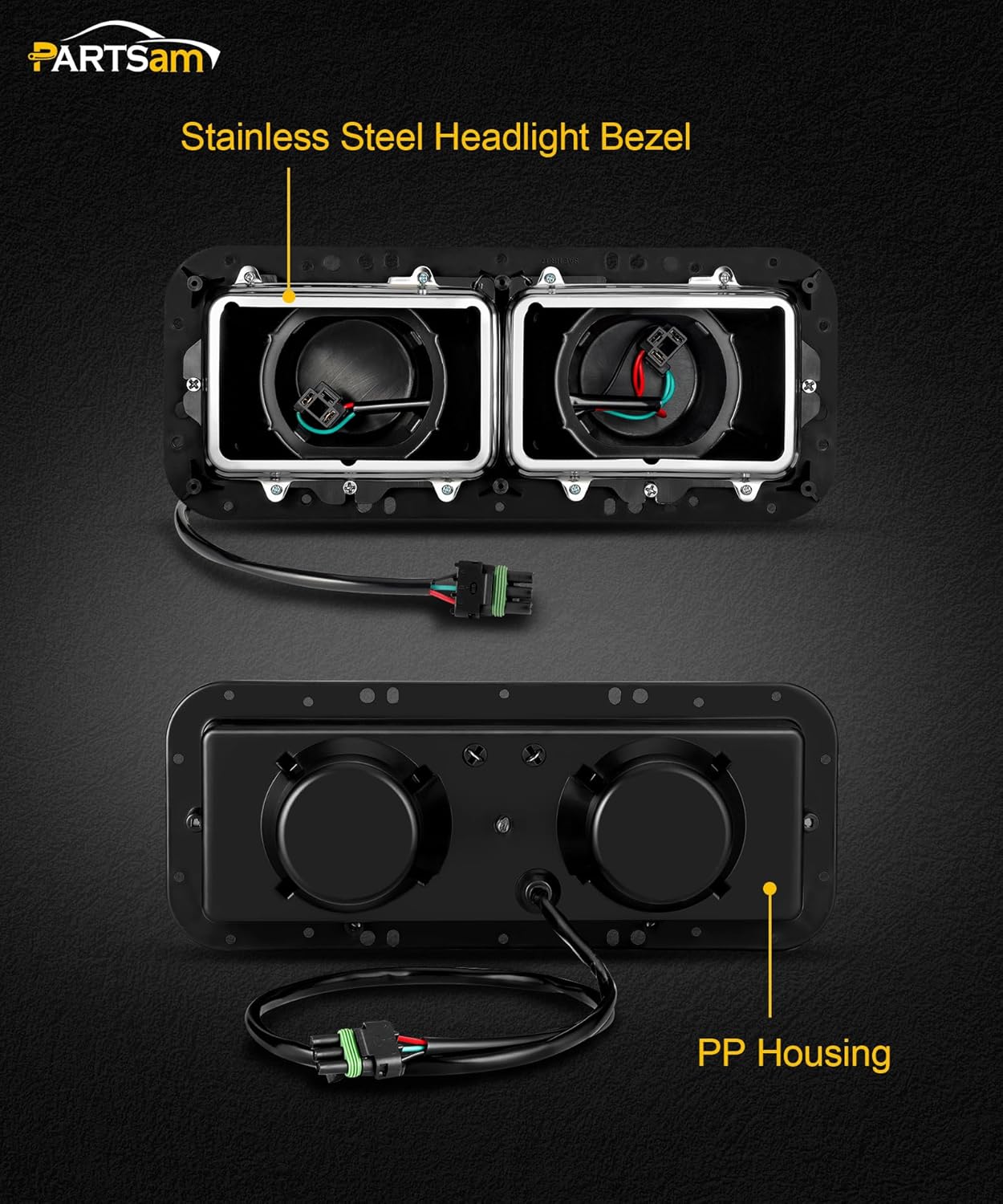 PARTSam Base de carcasa de faros delanteros con enchufes H4, arneses de cable, bisel de acero inoxidable de repuesto para Kenworth T600 T800 W900,