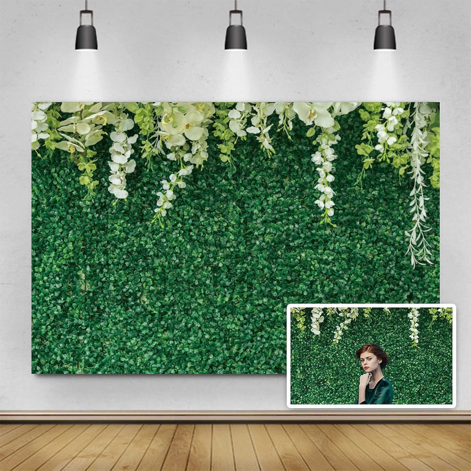 Yeele Telón de fondo de pared de césped verde de 8 x 6 pies, flores blancas, hojas verdes, fondo de fotografía al aire libre, decoración de fiesta