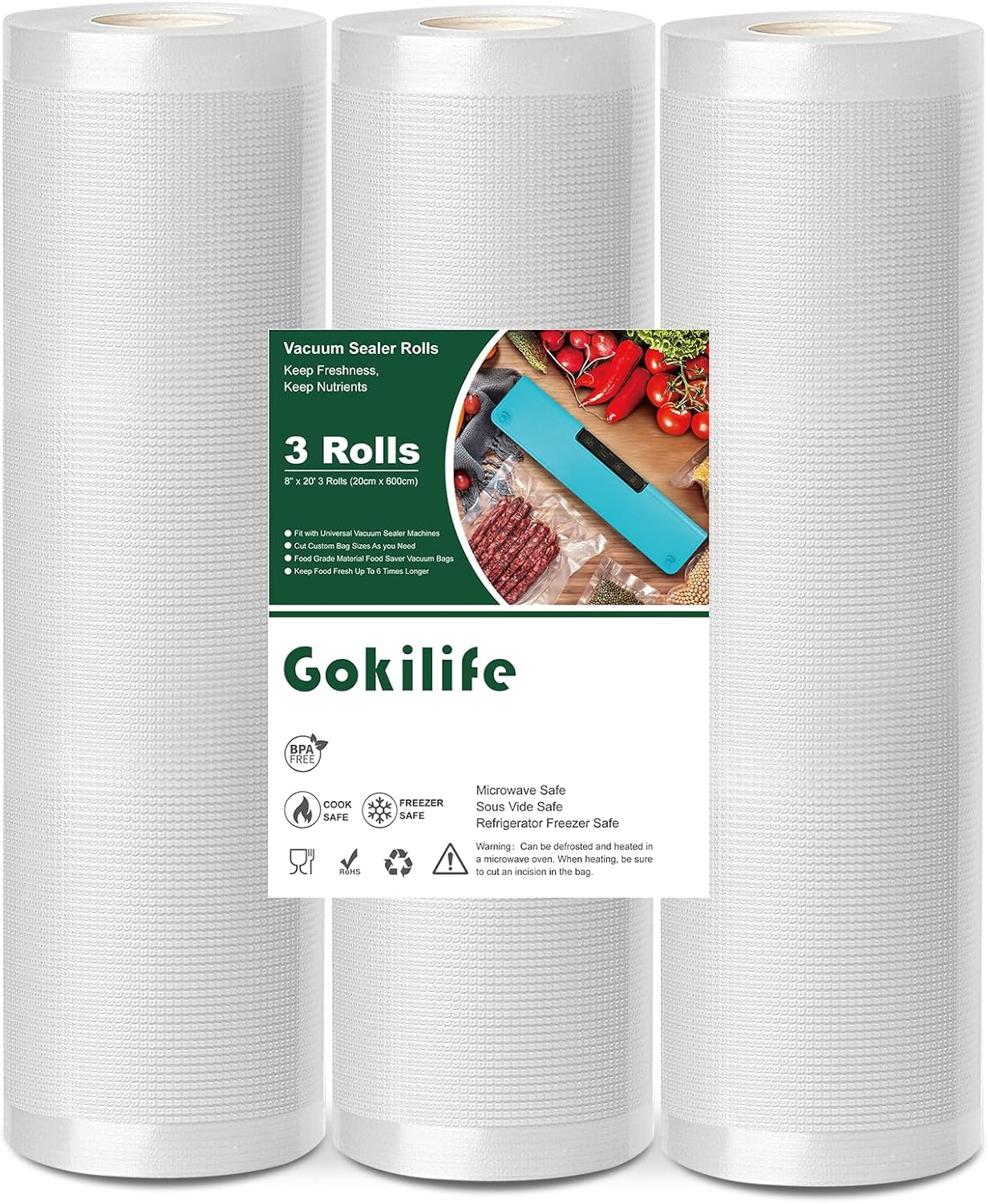 Gokilife Bolsas selladoras al vacío para alimentos, 8 x 20 pies, paquete de 3 bolsas selladoras al vacío para ahorrar alimentos, bolsas selladoras