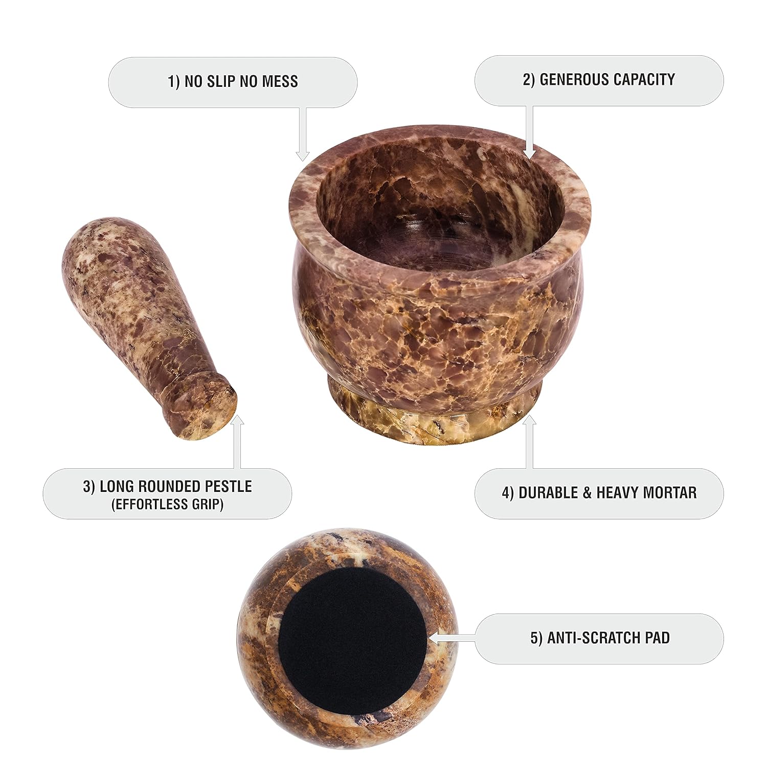 Mortero y mortero, hecho de piedra dura pulida resistente, molinillo de piedra natural para especias, pastas, hierbas, condimentos, etc. (mezcla de