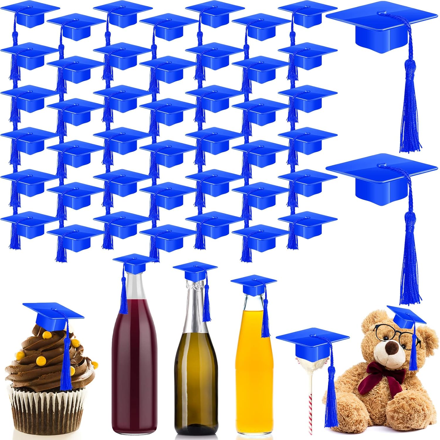 Qunclay 60 piezas de mini gorras de graduación, tapas de plástico para decoración de fiesta de graduación (azul)