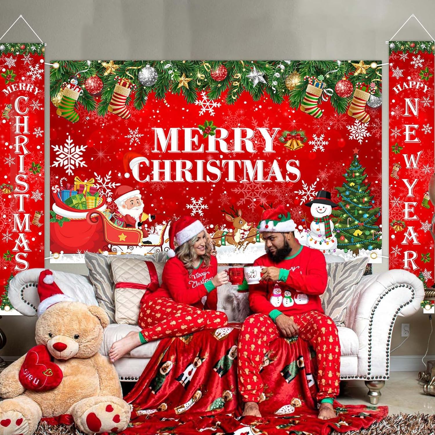 Avezano Decoraciones de Navidad rojas con texto en inglés Merry Christmas para colgar en el porche y en el porche, pancartas de Navidad para