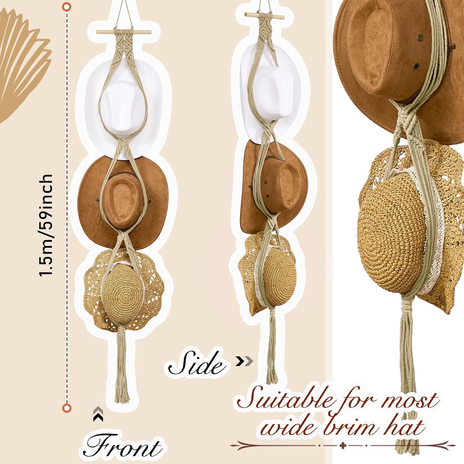Perchas de macramé para sombreros, estilo bohemio, para colgar sombreros de vaquero, organizador para la parte trasera de la puerta (beige, estilo