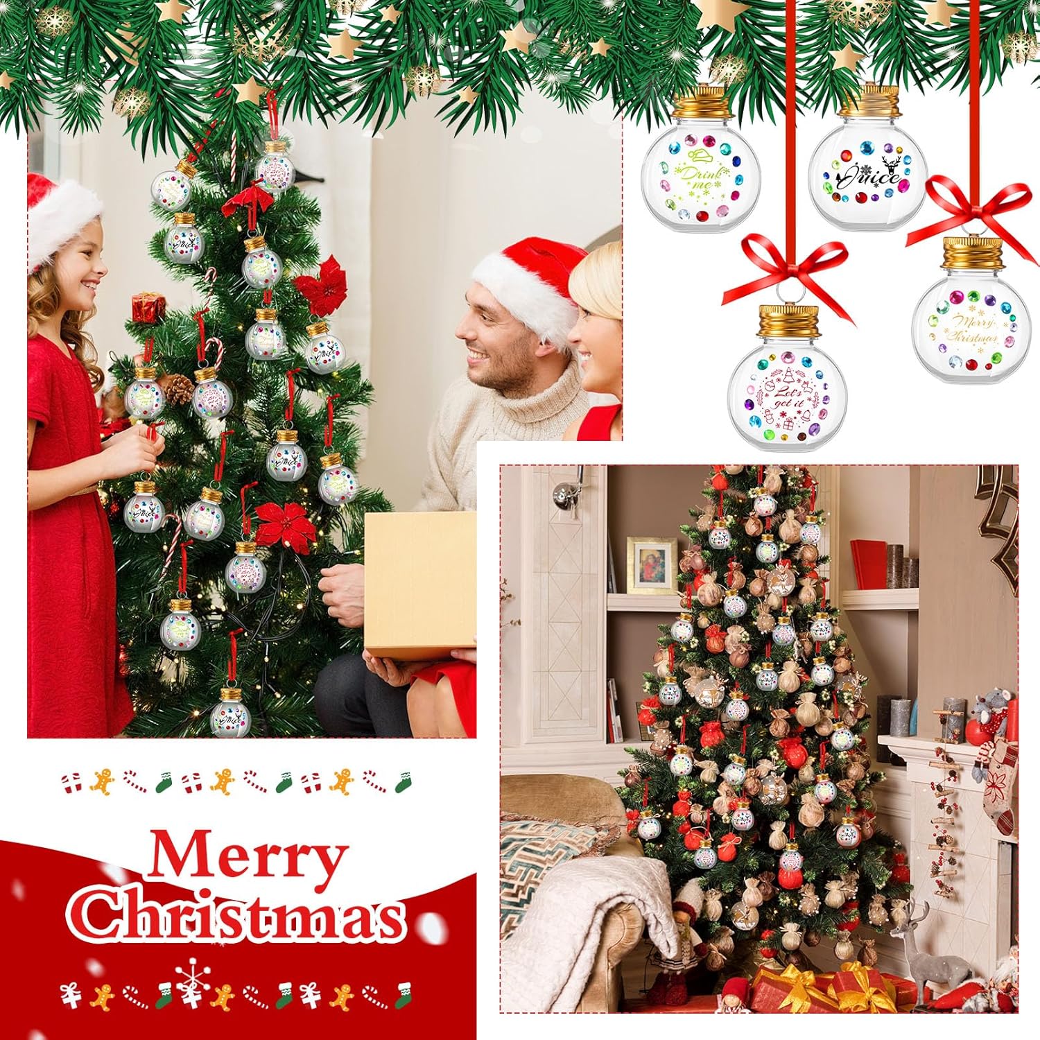 Suttmin 24 bolas de alcohol de Navidad, bolas de plástico transparente para adornos, adorno colgante para árbol con calcomanías de diamantes de