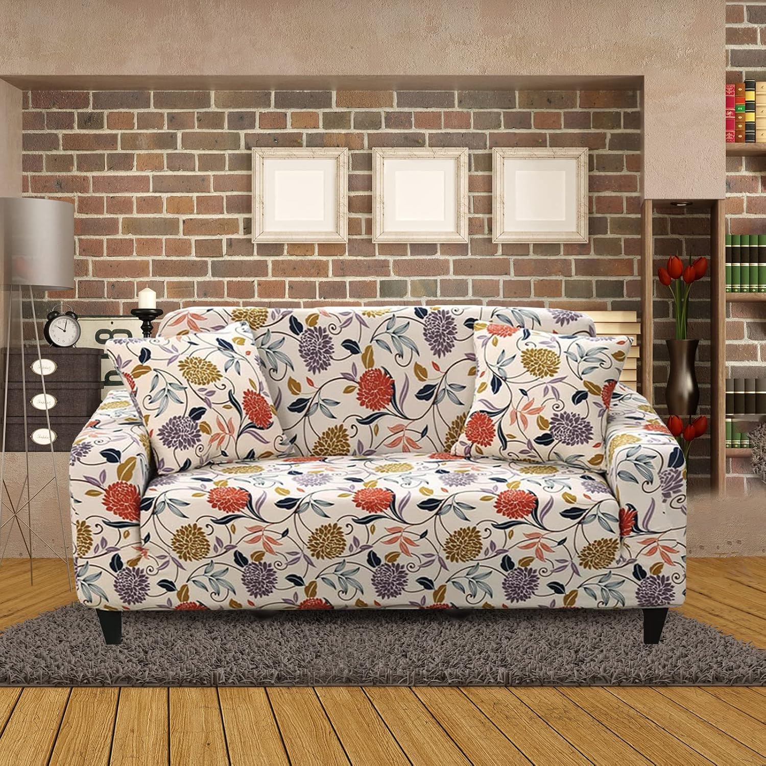 FIGOOO Funda elástica para sofá de 3 plazas, de 1 pieza, con estampado, de elastano, con 2 fundas de almohada, funda elástica universal para sofá,