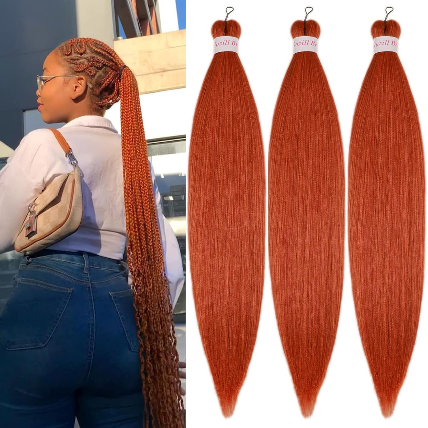 Pelo trenzado de color naranja jengibre preestirado Kanekalon extensión de cabello trenzado de 26 pulgadas, pelo sintético para trenzar