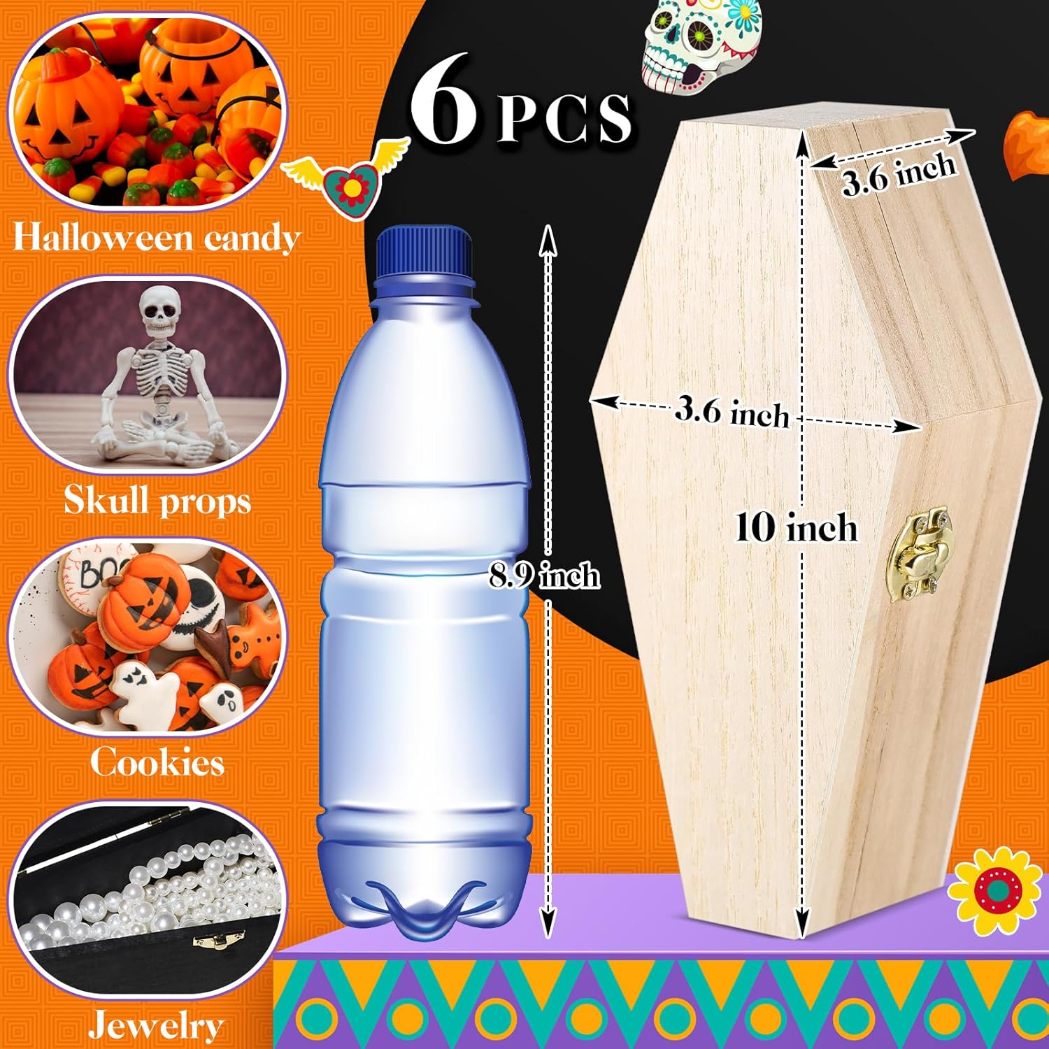 6 cajas de ataúd de Halloween sin terminar, cajas de madera en forma de ataúd con tapas con bisagras para manualidades, cajas de ataúd de madera