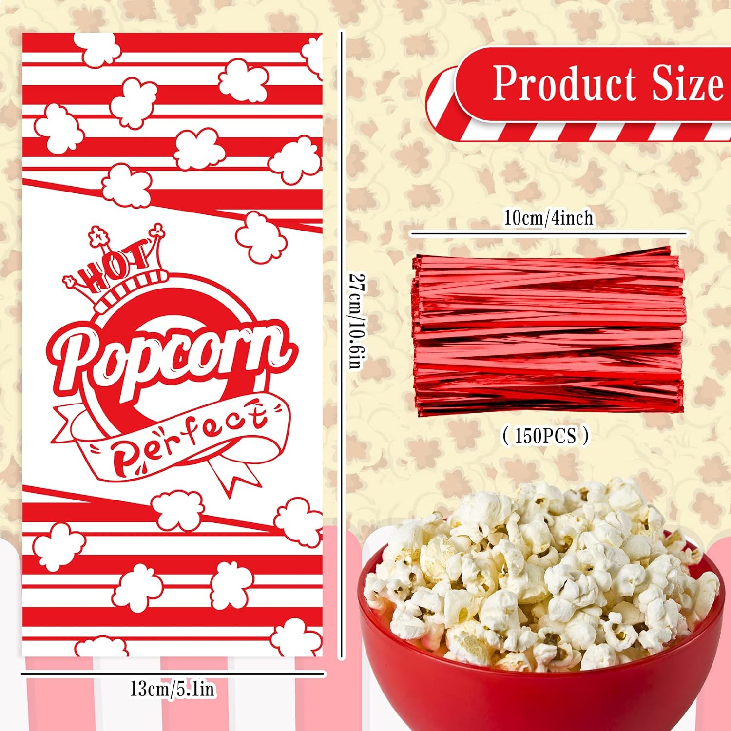 Whaline 150 bolsas de celofán de palomitas de maíz con rayas rojas y blancas, bolsas de golosinas de palomitas de maíz, bolsa de fiesta, bolsas de