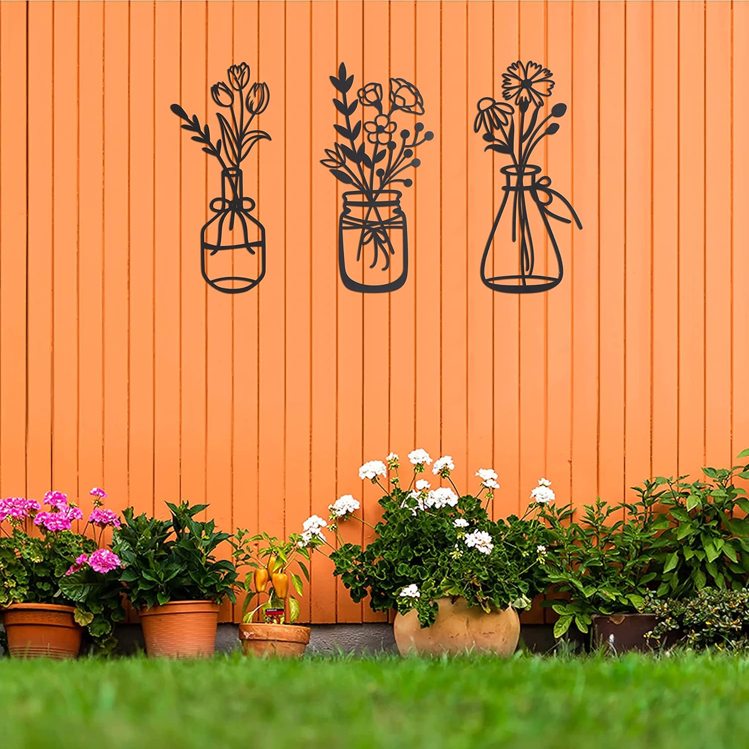 COLLECTIVE HOME – Arte de pared de metal, decoración de flores de pared, florero de 3 piezas, letrero floral de decoración de hierro, alambre de