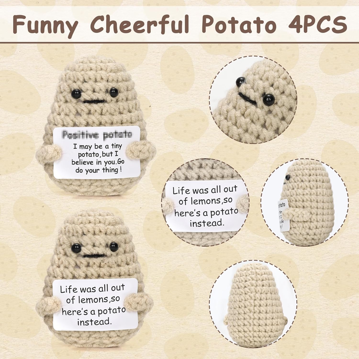 Mini Funny Positive Potato with Positive Words 4PCS Crochet Potato Interesting Knitted Wool Potato Doll Stuffed Craft Emotional Support Potato