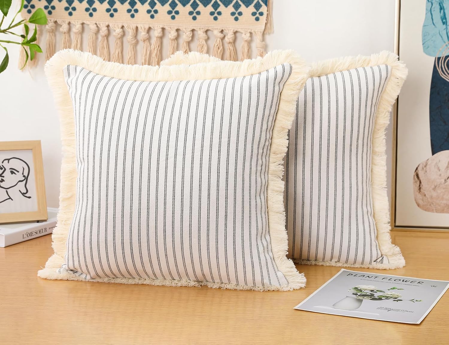 NUYECY Juego de 2 fundas de almohada bohemias de color gris claro de 24 x 24 pulgadas, fundas de almohada decorativas grandes para cama, sofá, casa