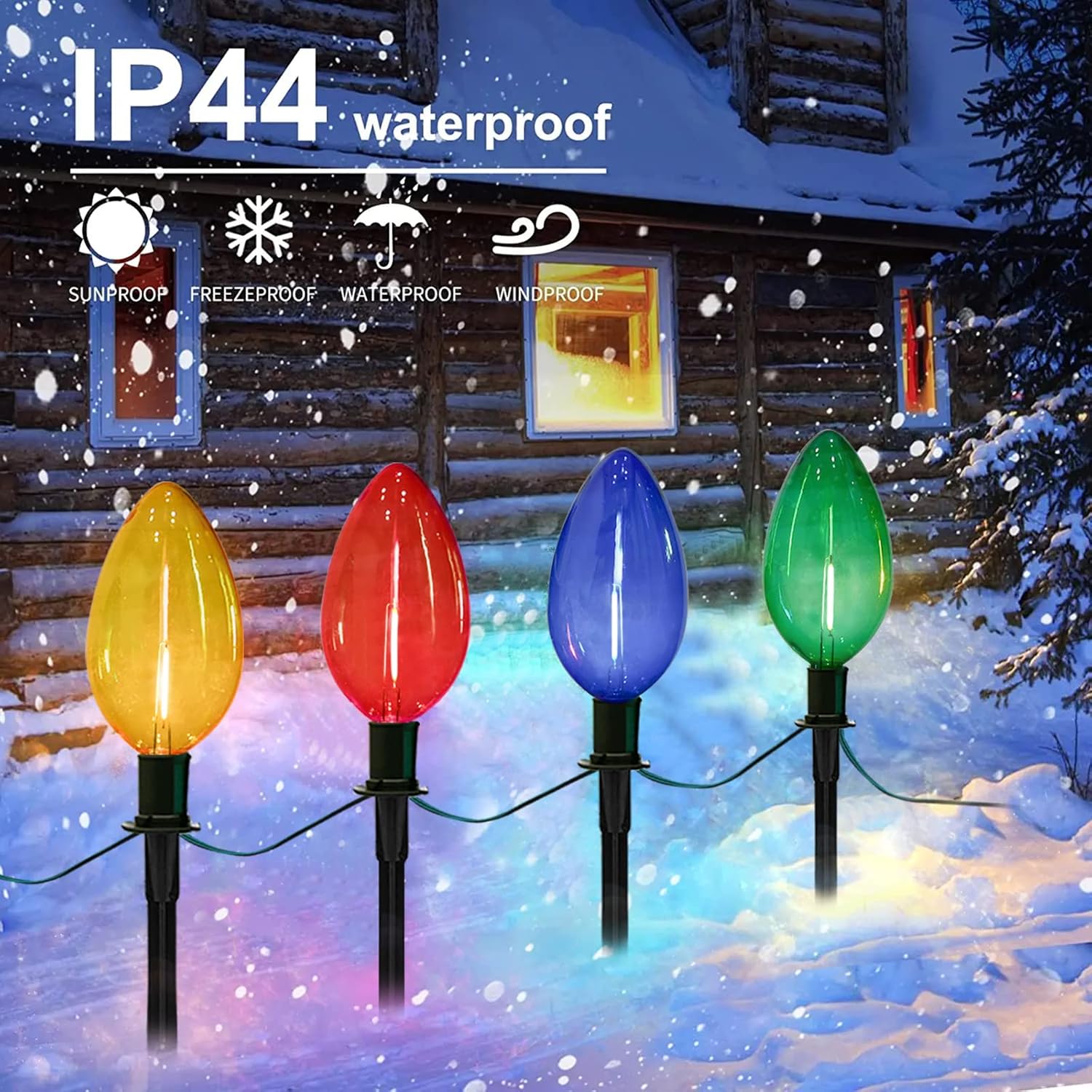 Luces de camino multicolor C9, 2 juegos de luces de 7 pies para exteriores con 8 bombillas LED multicolor C9 gigantes, luces de pasillo de Navidad