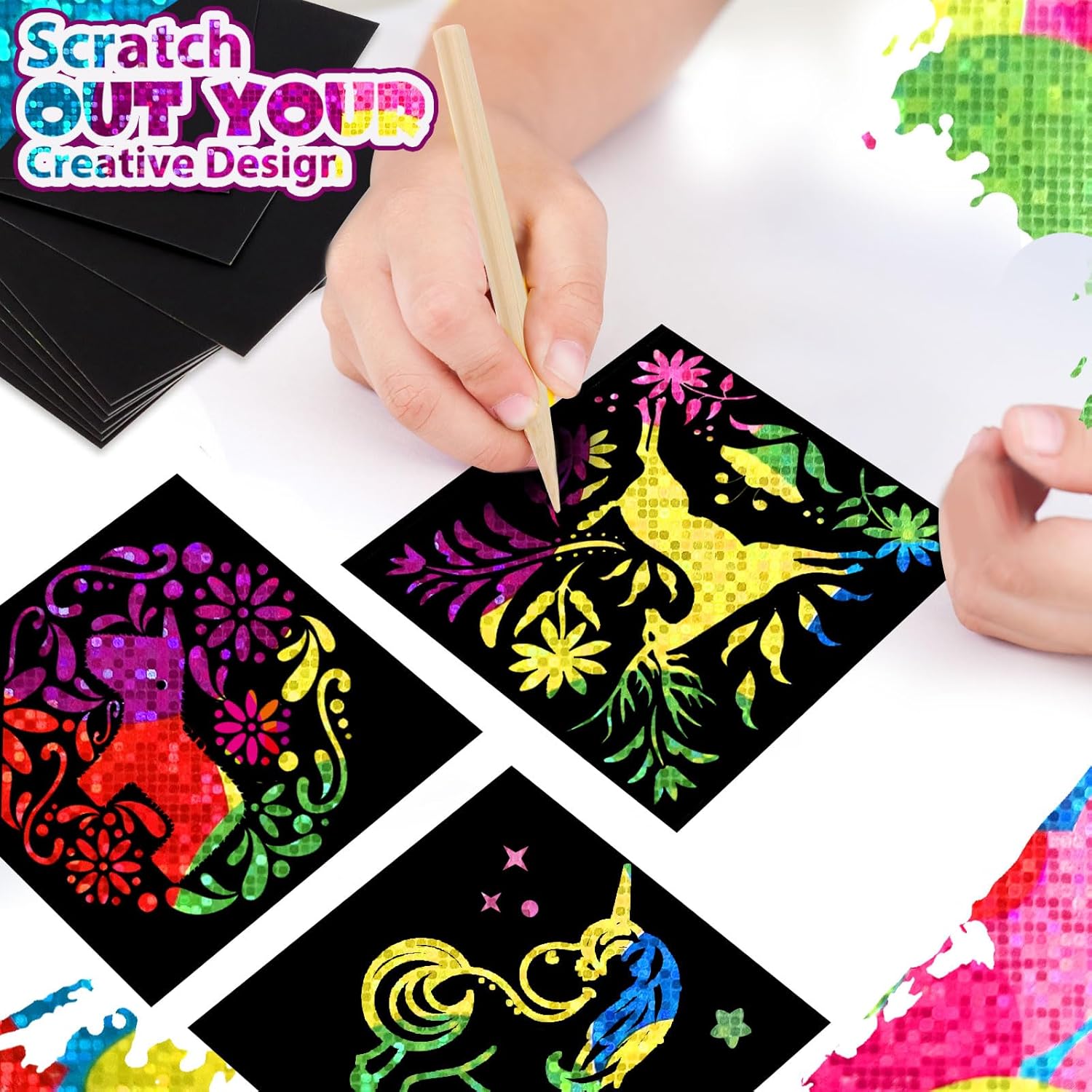 Mini notas de arte para rascar 160 tarjetas de papel holográfico para rascar arco iris, suministros de bricolaje, regalo de fiesta, regalo para