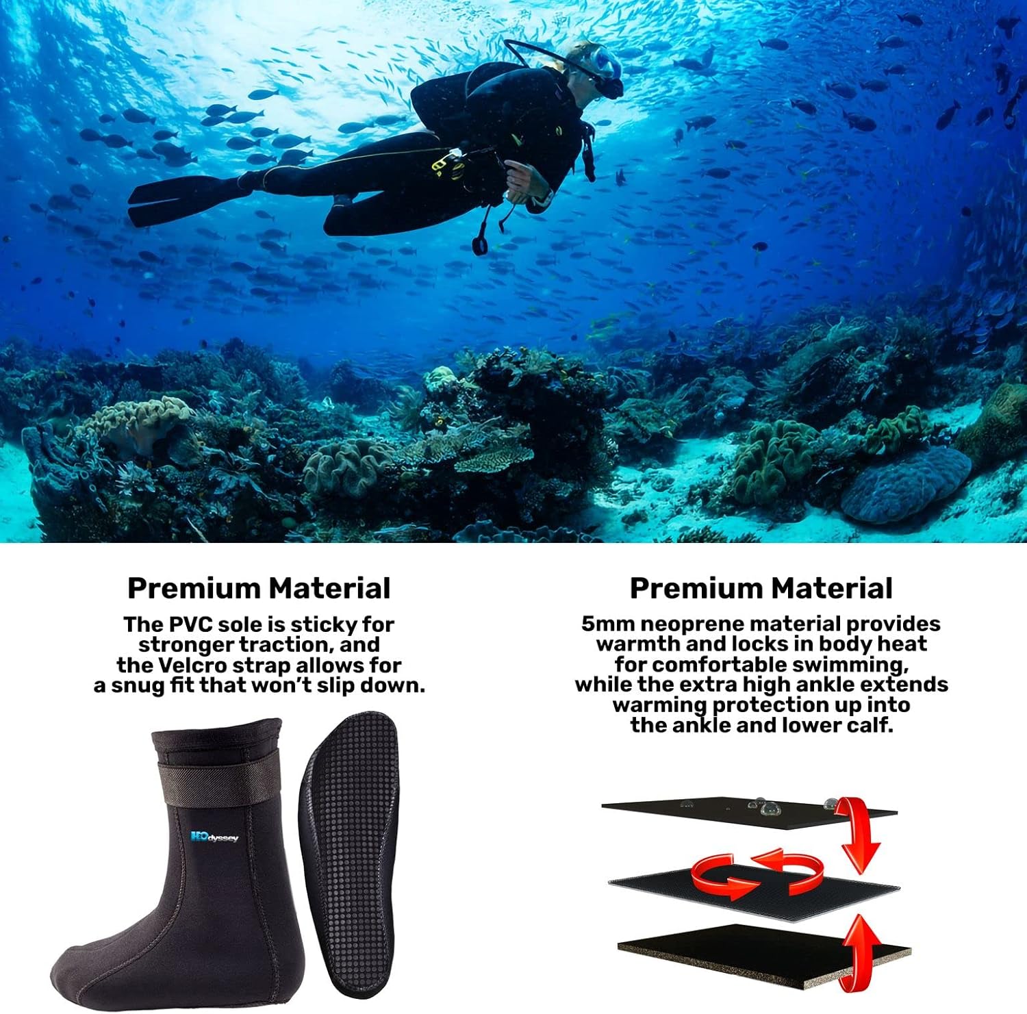 H2ODYSSEY Calcetines de buceo de neopreno de 0.197in – Calcetines de agua con tobillo alto para una protección extendida