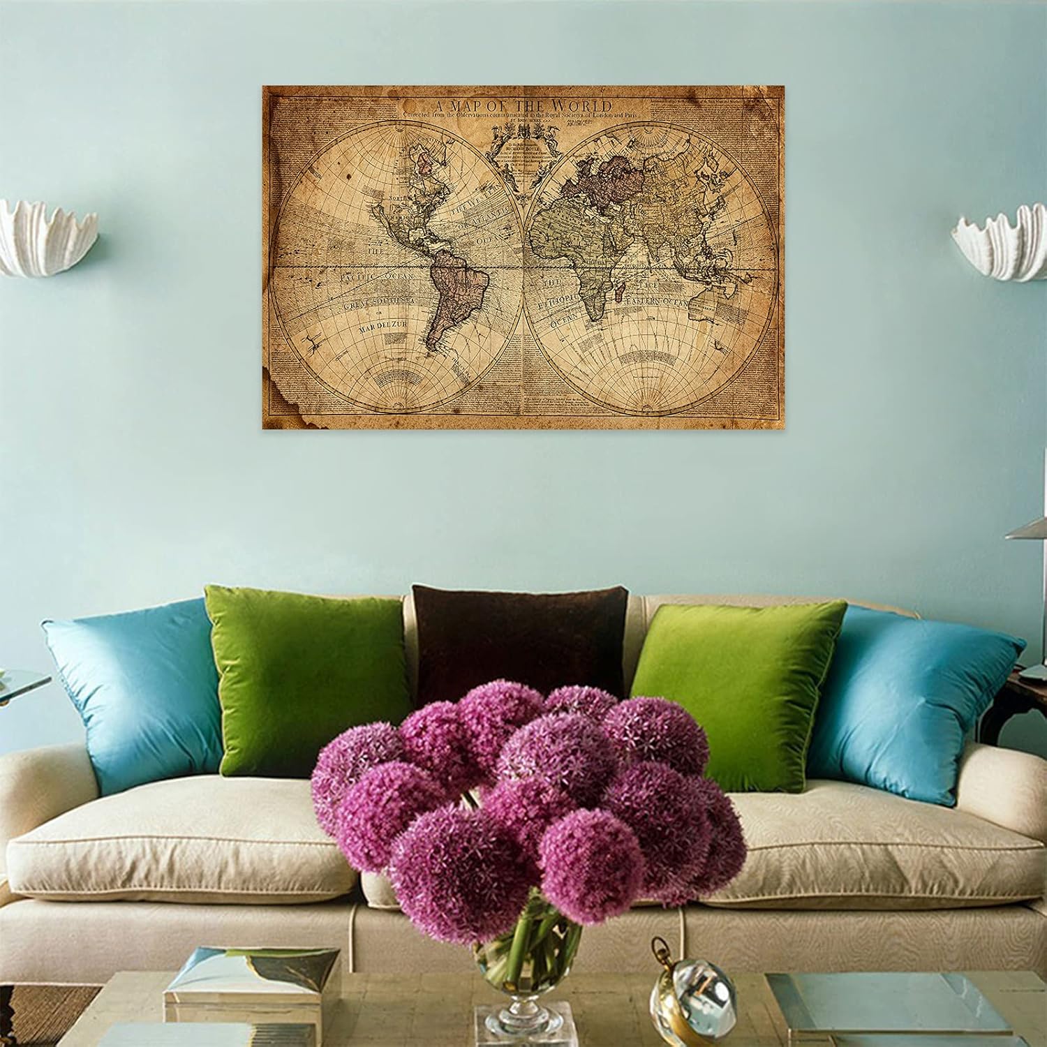 Lienzo decorativo para pared, diseño de mapa del mundo vintage, imágenes de fondo de mapa náutico beige sobre lienzo para decoración de pared de