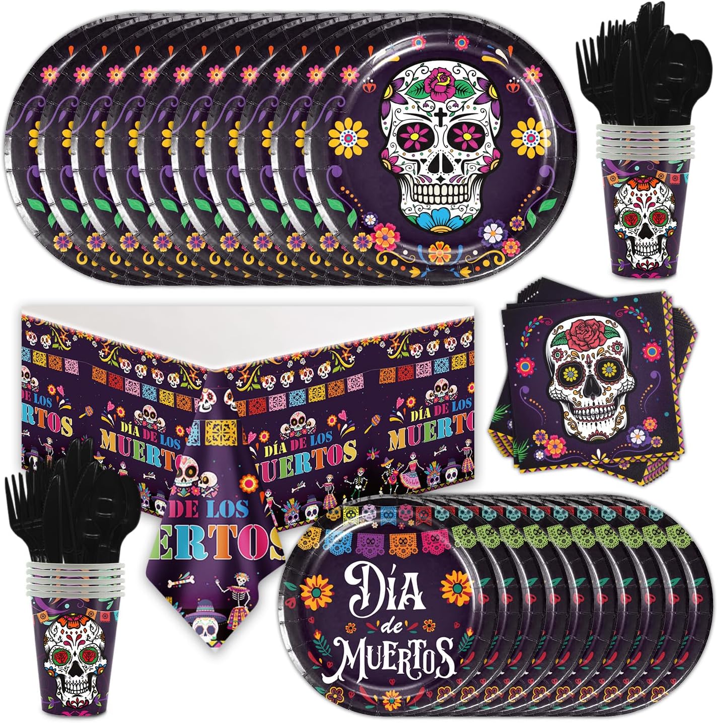 USERTEN 97 piezas de suministros de decoración de fiesta del Día de los Muertos con calavera de azúcar, juego de vajilla mexicana para 12 invitados,