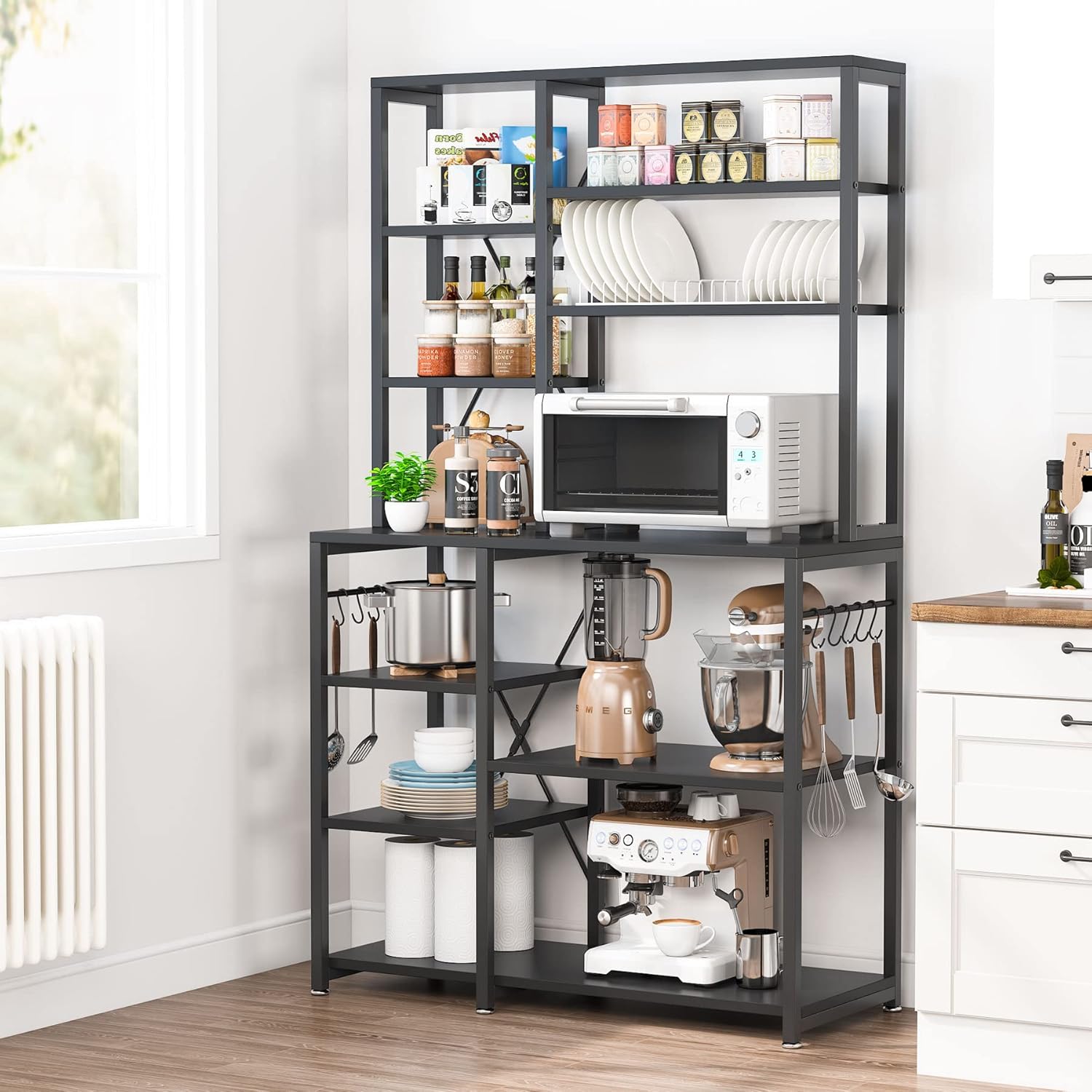 Tribesigns Estante de cocina para panadero, mesa de almacenamiento de cocina de 5 niveles + 6 niveles con 10 ganchos en forma de S y marco de metal,