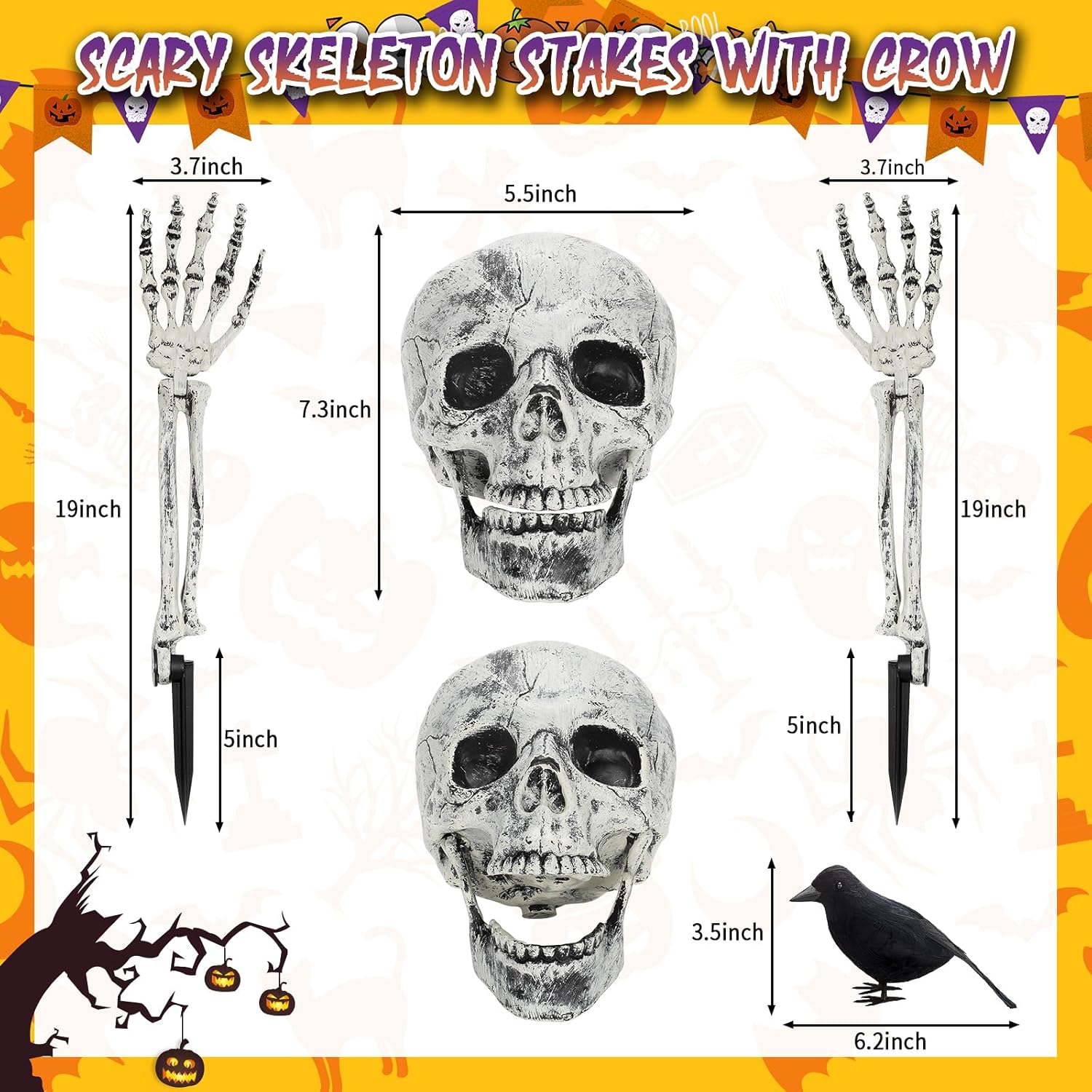 BAYSING Decoraciones de Halloween al aire libre, estacas de esqueleto, cabeza de calavera aterradora realista y brazos con cuervo para patio,