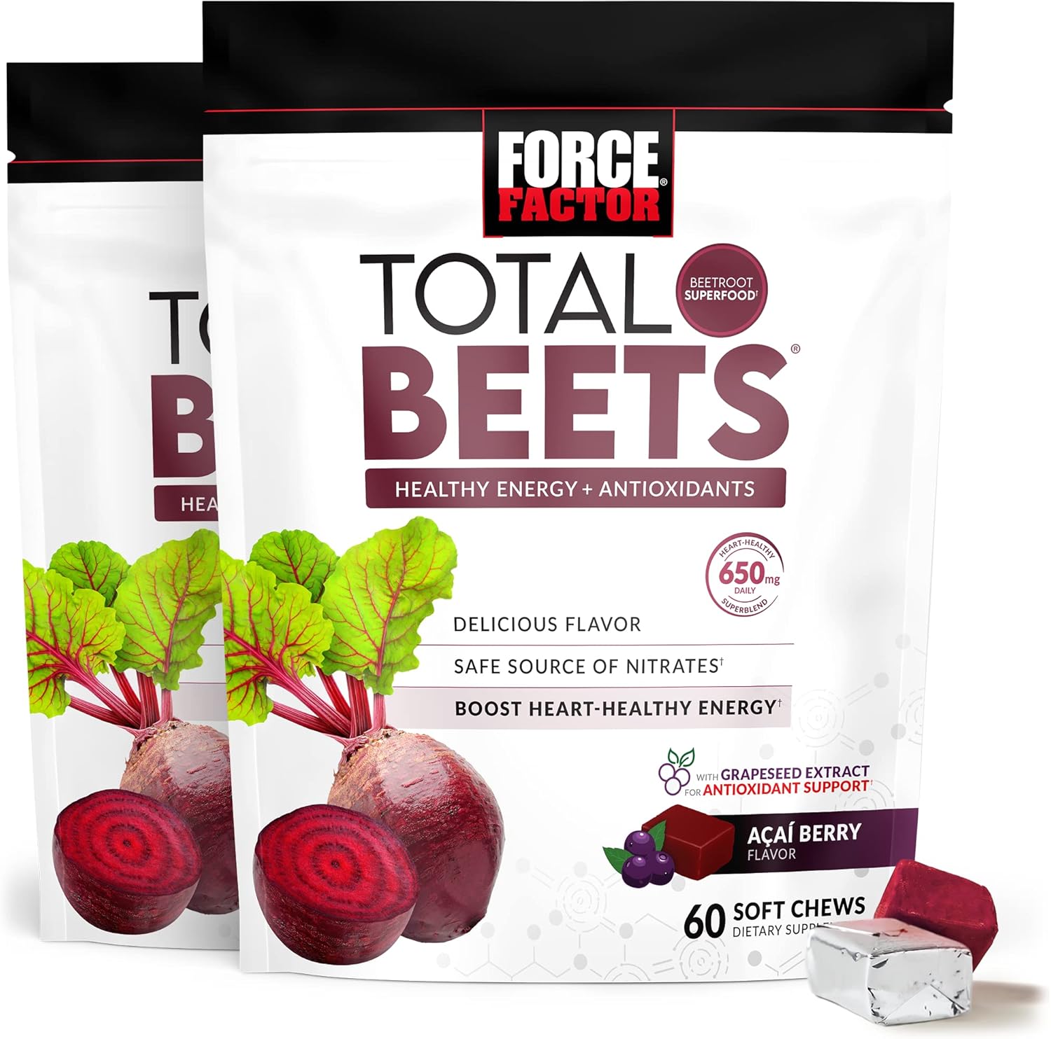 Force Factor Total Beets – Masticables suaves con remolacha, nitratos, L-citrulina, extracto de semilla de uva y antioxidantes, suplemento