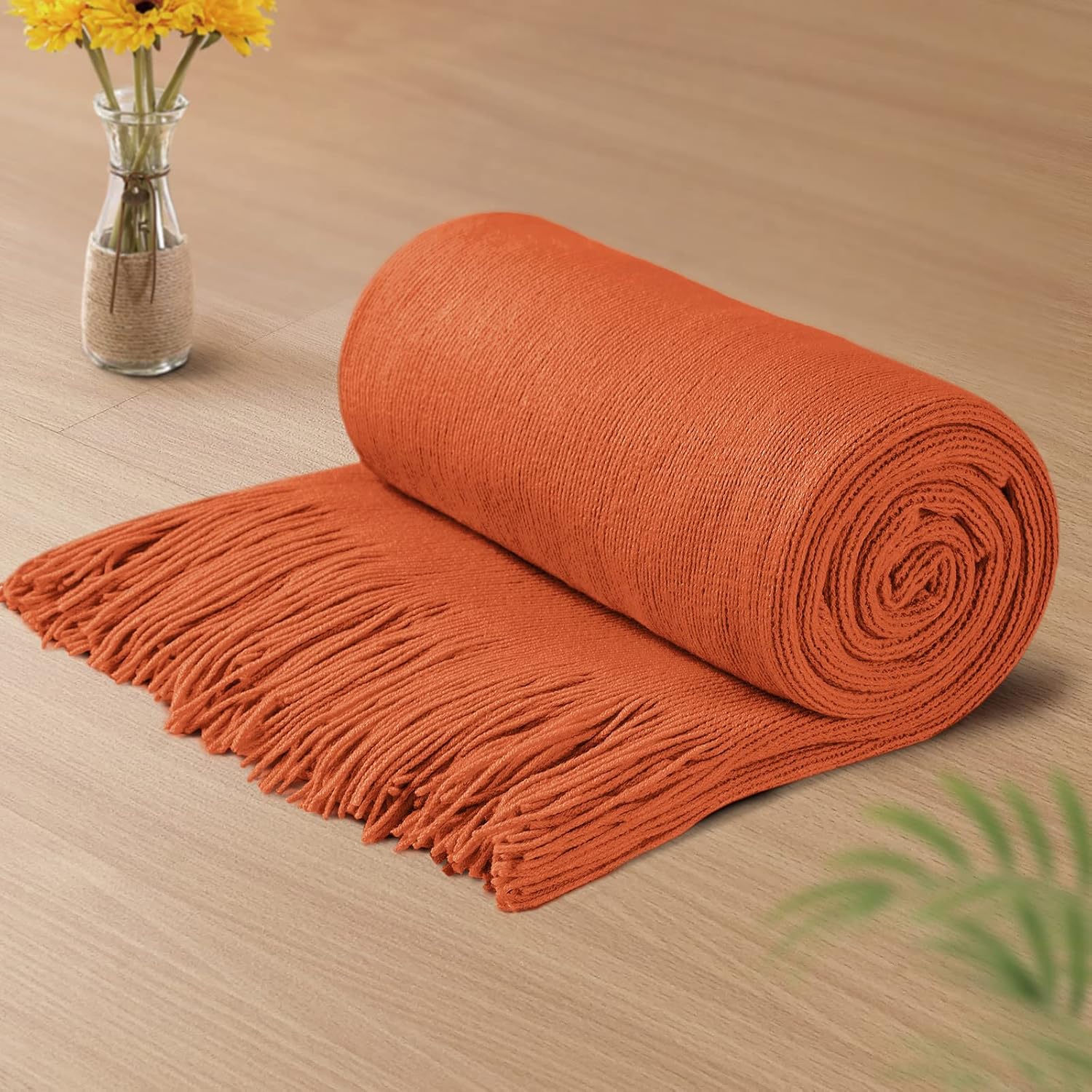 Vonty Manta de punto naranja óxido con borlas y flecos, 50 x 60 pulgadas, manta de punto súper suave, manta ligera decorativa de granja para sofá,