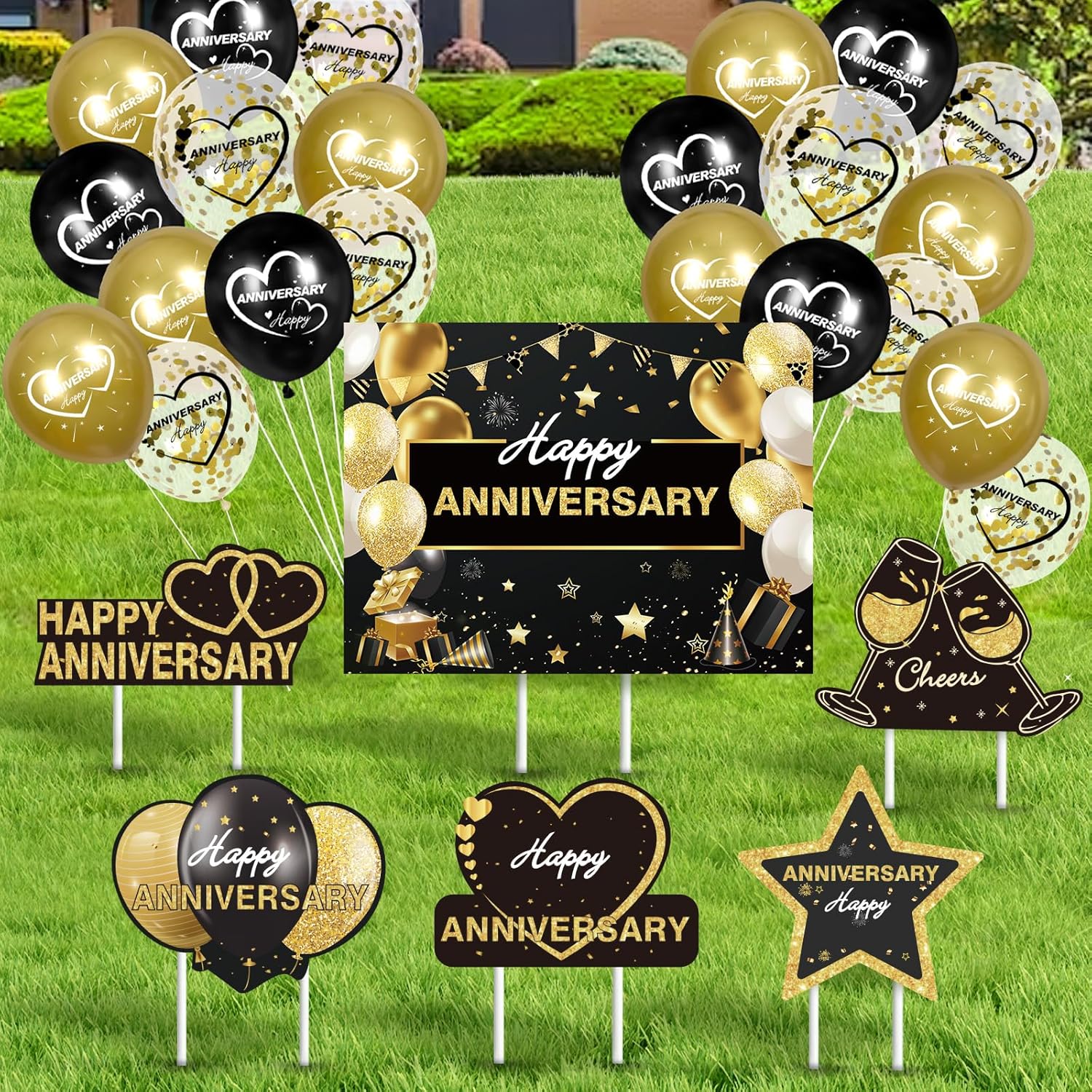 Letrero de feliz aniversario de boda para patio, 6 letreros dorados y negros con estacas y 18 globos de látex de feliz aniversario para hombres