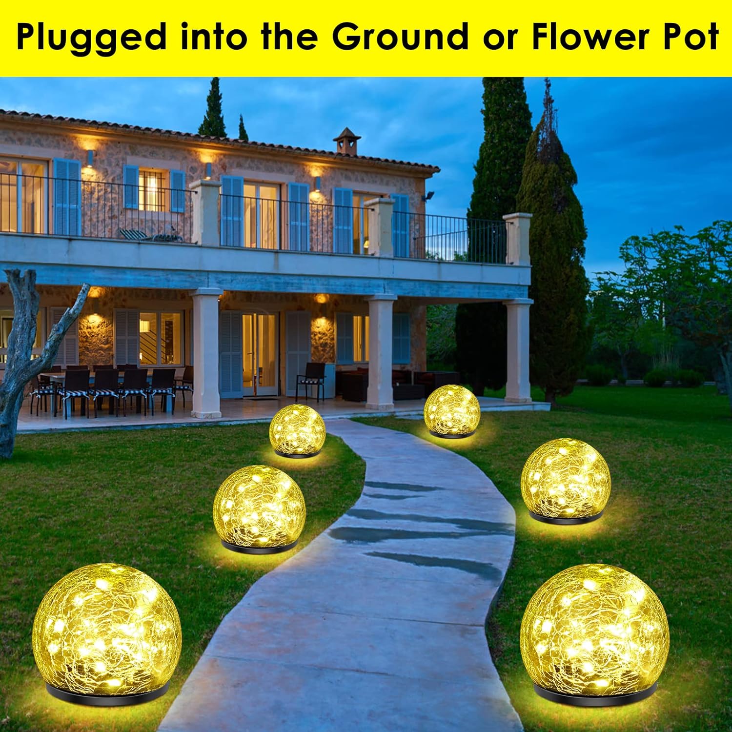 Luces solares de jardín, luces solares de vidrio agrietado cálido, luces LED de bola LED blancas cálidas mejoradas para patio, camino, patio,