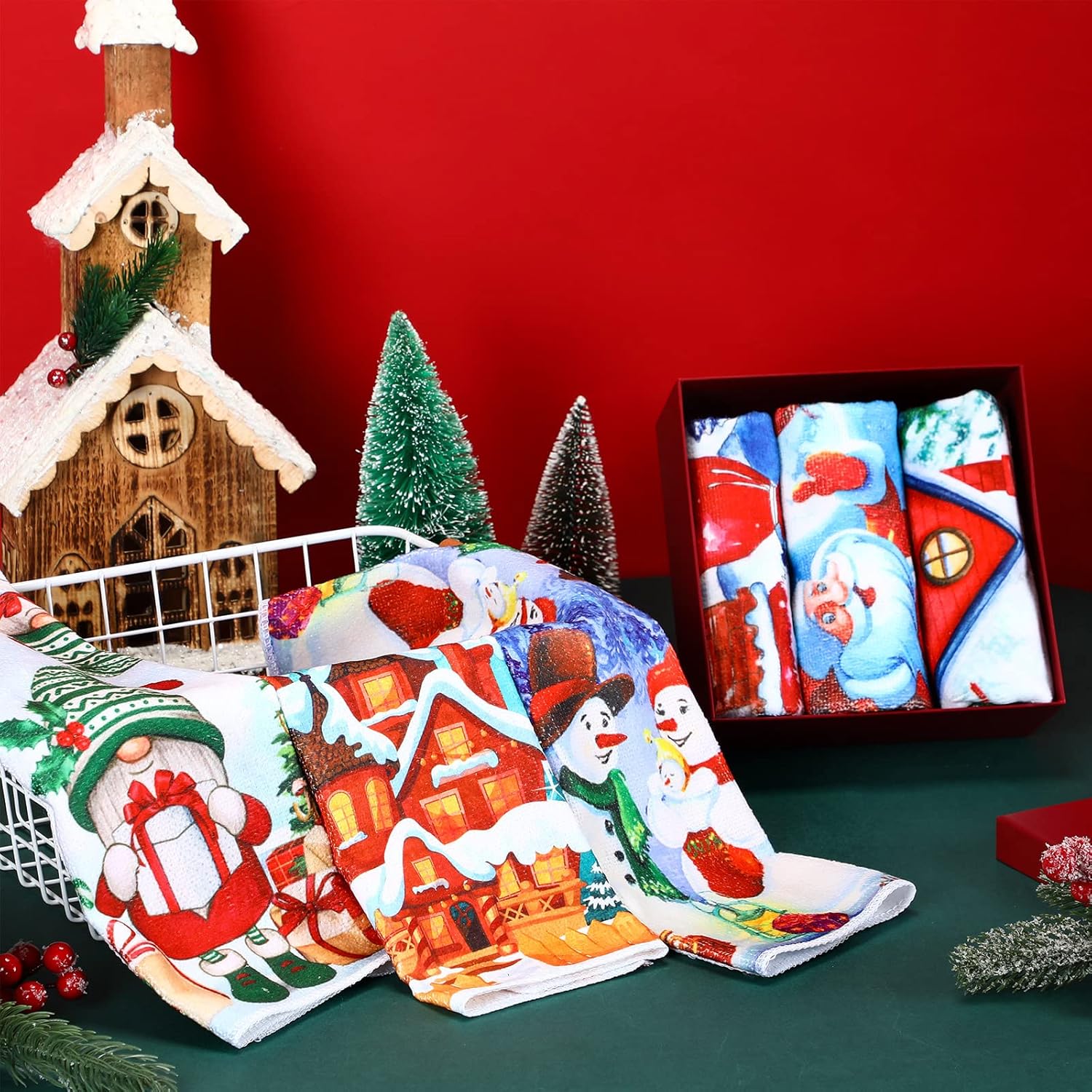 12 toallas de mano navideñas de Navidad, Papá Noel, reno, muñeco de nieve, árbol, a cuadros, bordadas, toallas de algodón absorbentes, 13 x 18