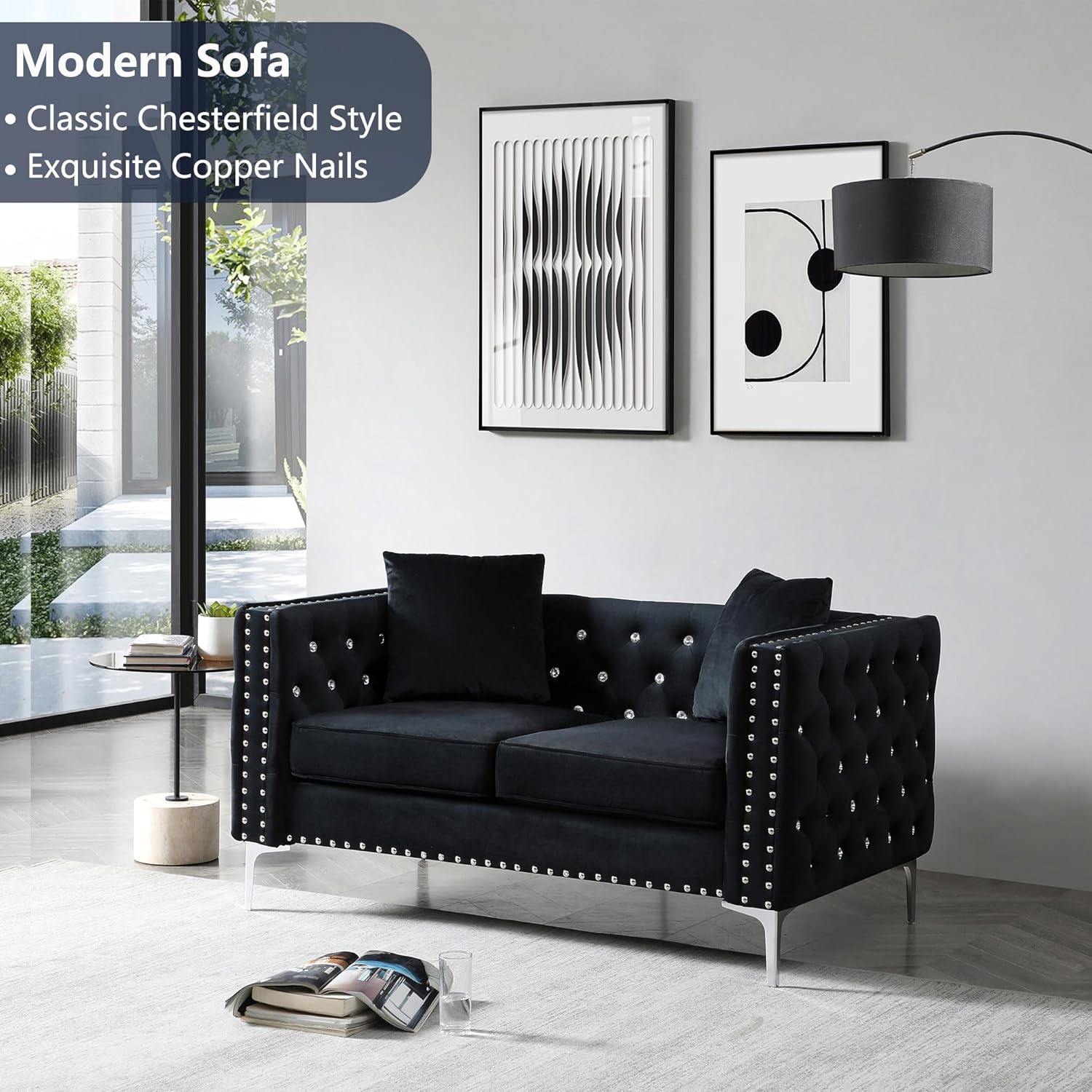 Fulocseny Sofá biplaza tapizado de terciopelo, sofá de 59.4 pulgadas con botones joyas y brazos cuadrados, moderno botón y patas de metal, sofá con