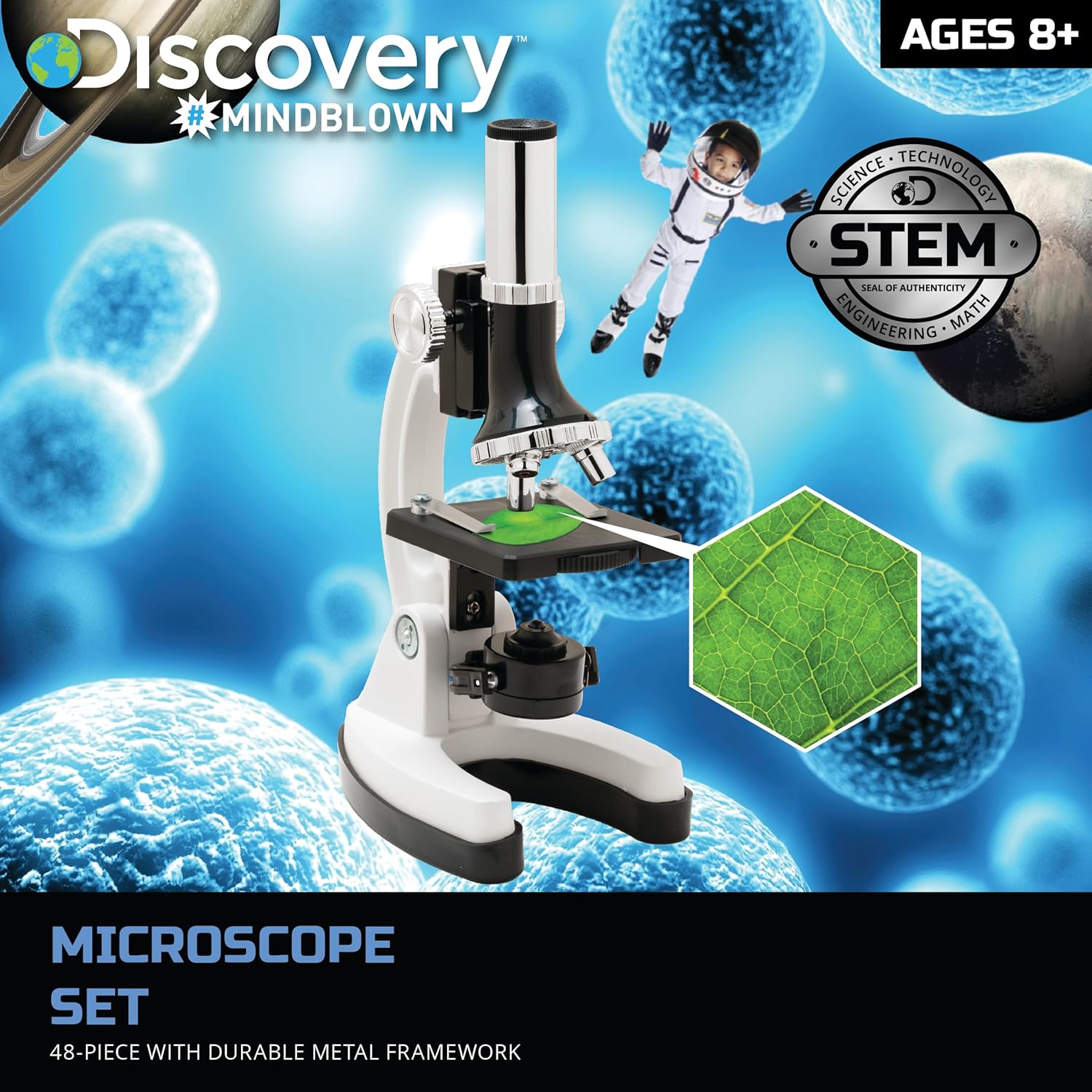 Discovery #MINDBLOWN – Juego de microscopio de 48 piezas con marco de metal duradero, aumento de 100X a 1200X, juego completo con tubos de ensayo,