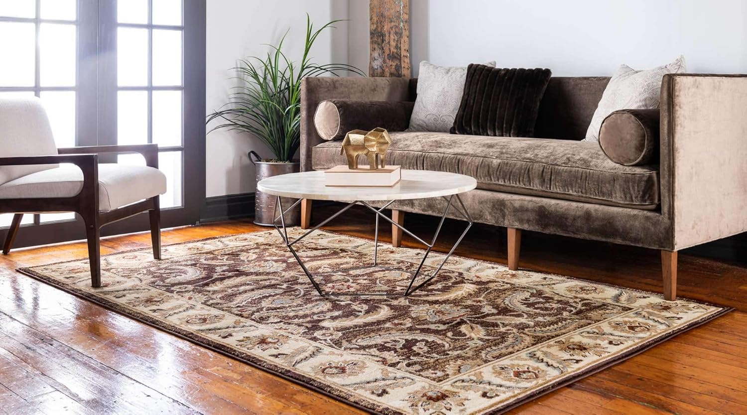 Unique Loom – Colección Voyage – Alfombra redonda tradicional oriental, marrón, Polipropileno, MarrónAzul Claro