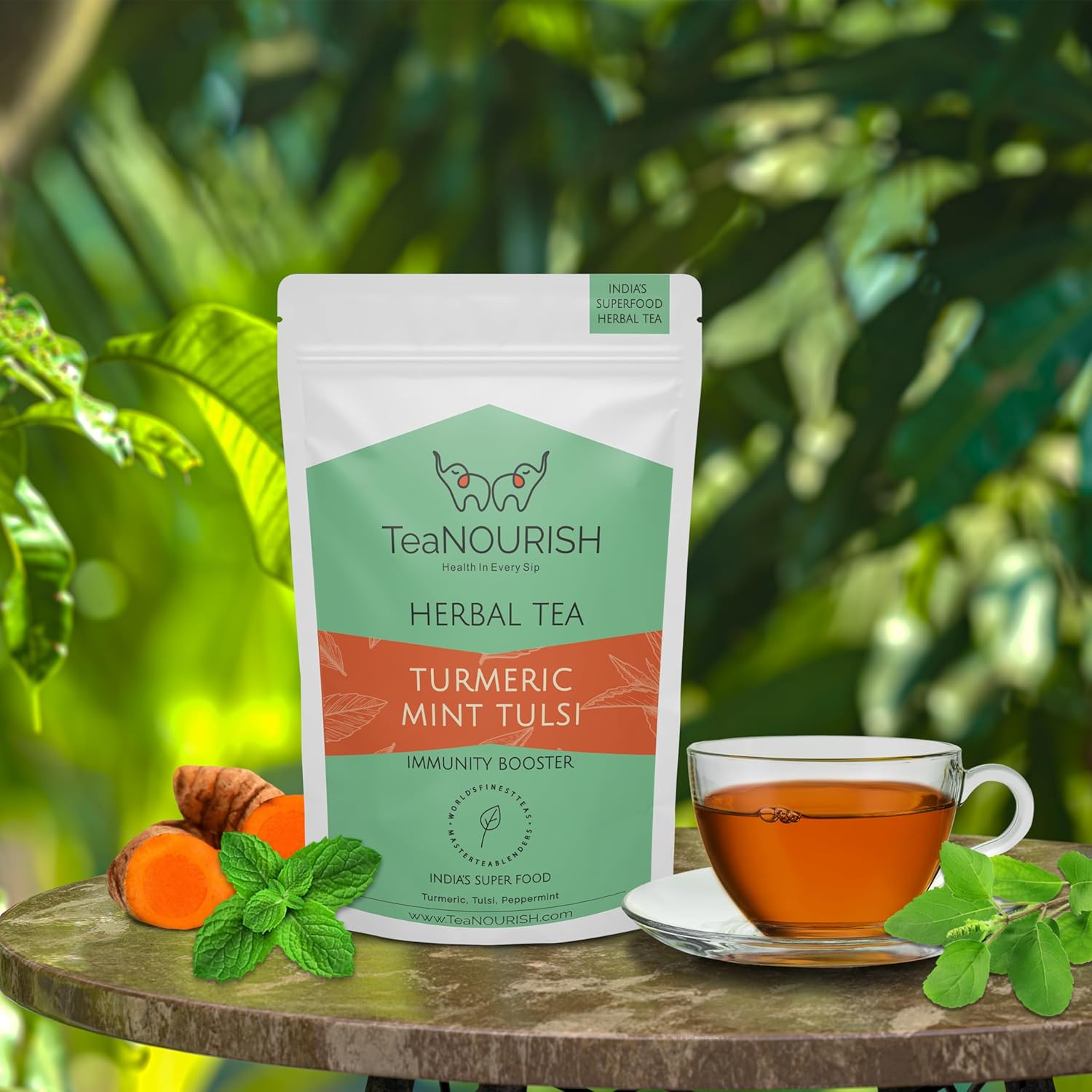 TeaNOURISH Té de hierbas Tulsi de menta y cúrcuma  Superalimentos indios  Mezcla de cúrcuma, tulsi y menta  Apoyo inmunológico  Ingredientes 100%