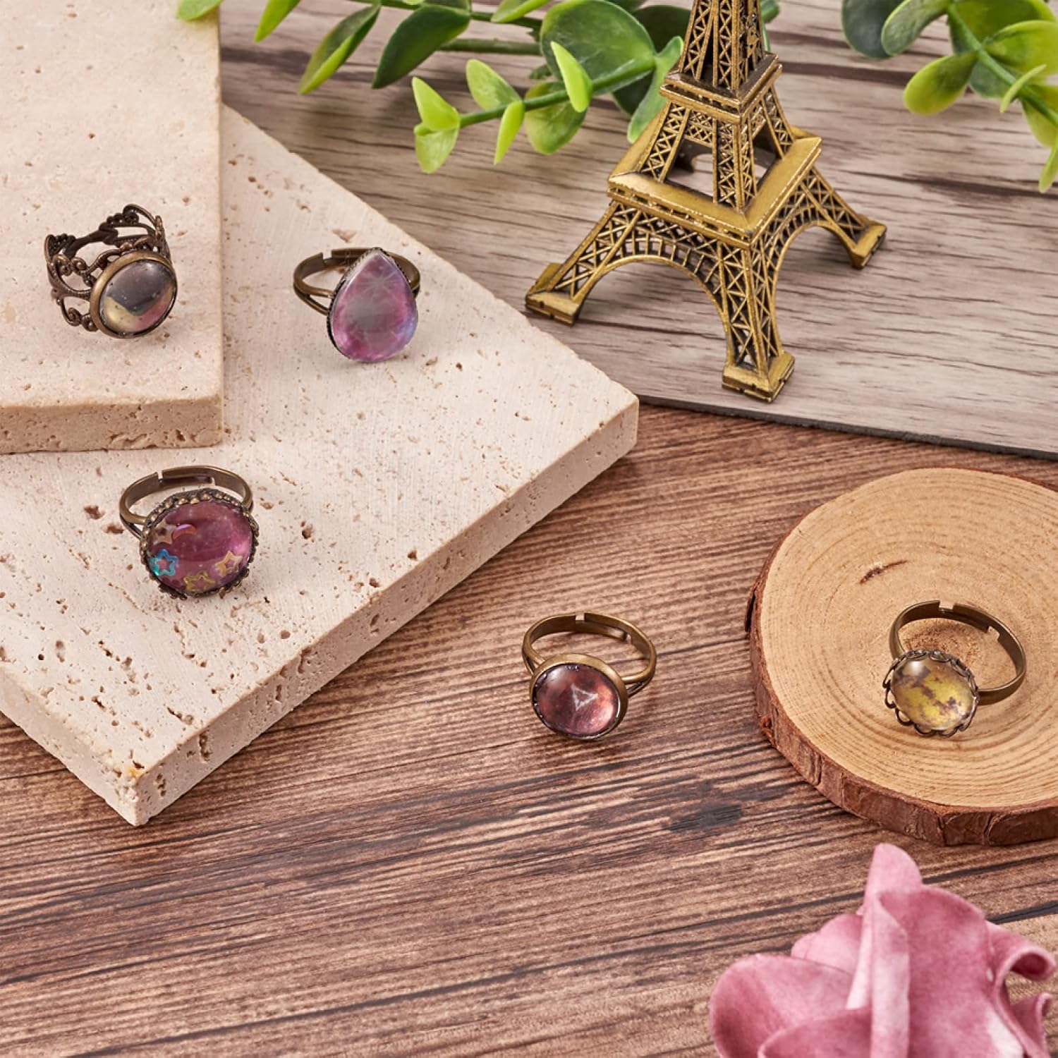 40 anillos de bronce antiguo, anillos de latón ajustables, anillos retro en blanco con ranuras, 40 cabujones de vidrio para mujeres, manualidades de