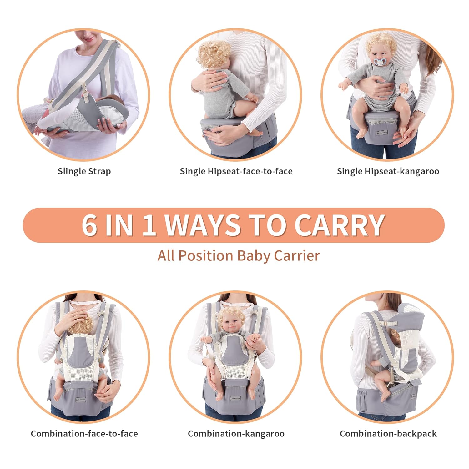 Portabebés para recién nacidos a niños pequeños, 6 en 1 con asiento de cadera completo para todas las estaciones, mochila ajustable y extraíble con