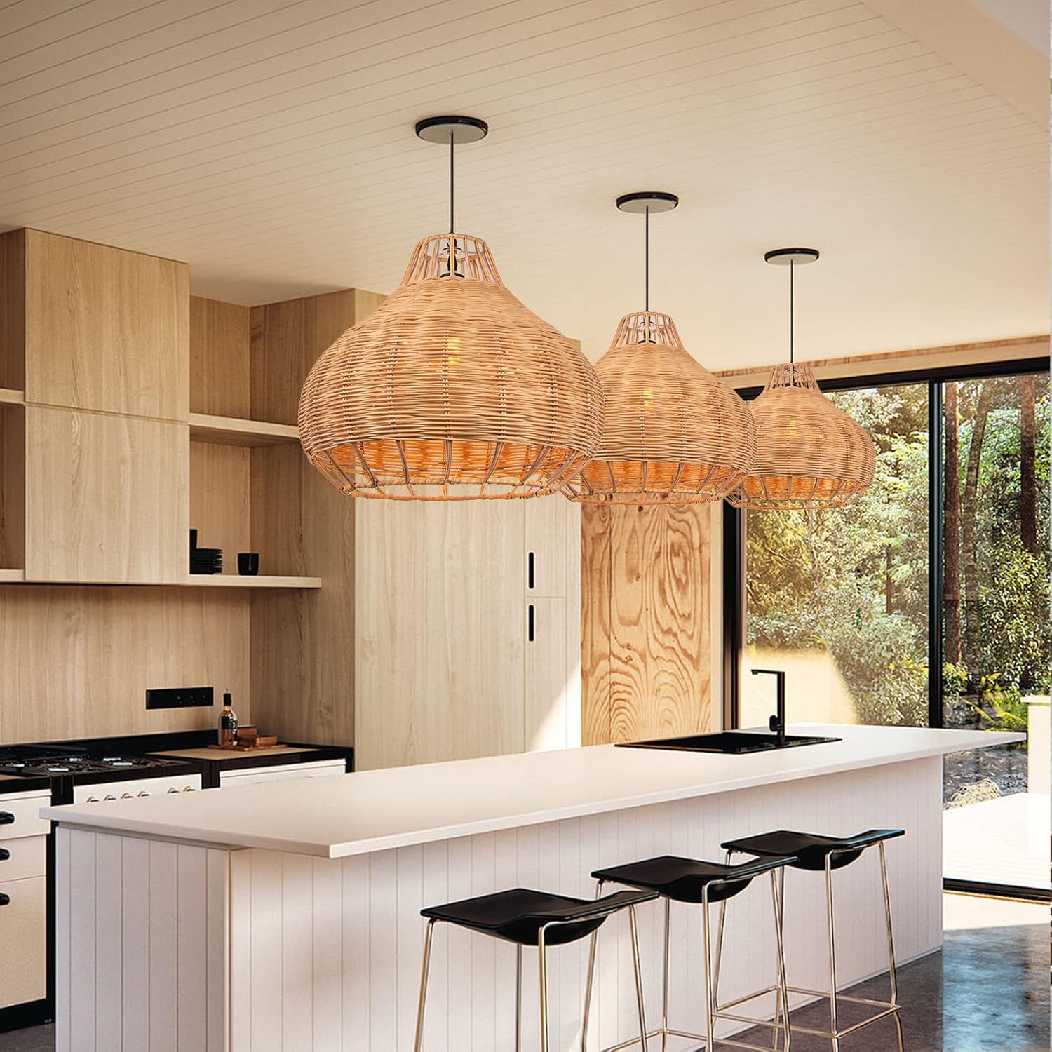 Arturesthome Lámpara colgante de 1 luz, luz colgante de ratán, lámpara de techo natural de mimbre para comedor, sala de estar