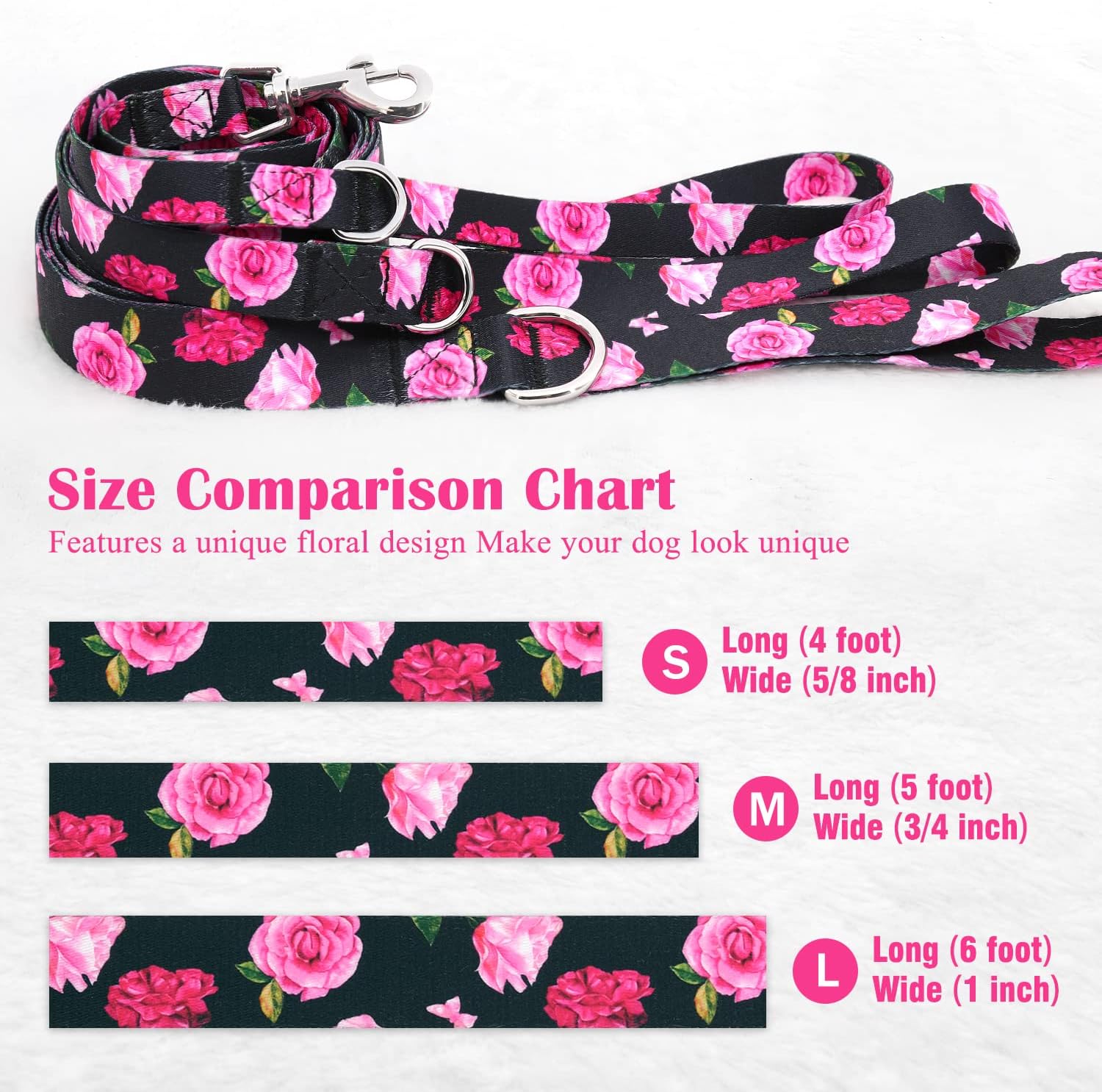 Correa de perro negra con diseño floral para cachorros, perros de raza pequeña, correa de perro de 4 pies