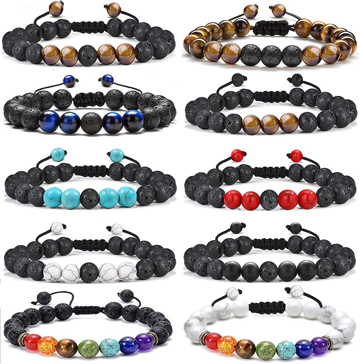 Paquete de 10 pulseras de piedra natural con cuentas de roca de lava para hombres y mujeres, cuentas de chakras de 0.315 in, pulseras difusoras de