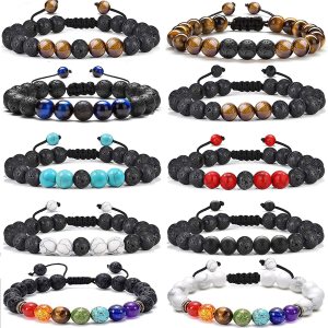 Paquete de 10 pulseras de piedra natural con cuentas de roca de lava para hombres y mujeres, cuentas de chakras de 0.315 in, pulseras difusoras de Paquete de 10 pulseras de piedra natural con cuentas de roca de lava para hombres y mujeres, cuentas de chakras de 0.315 in, pulseras difusoras de