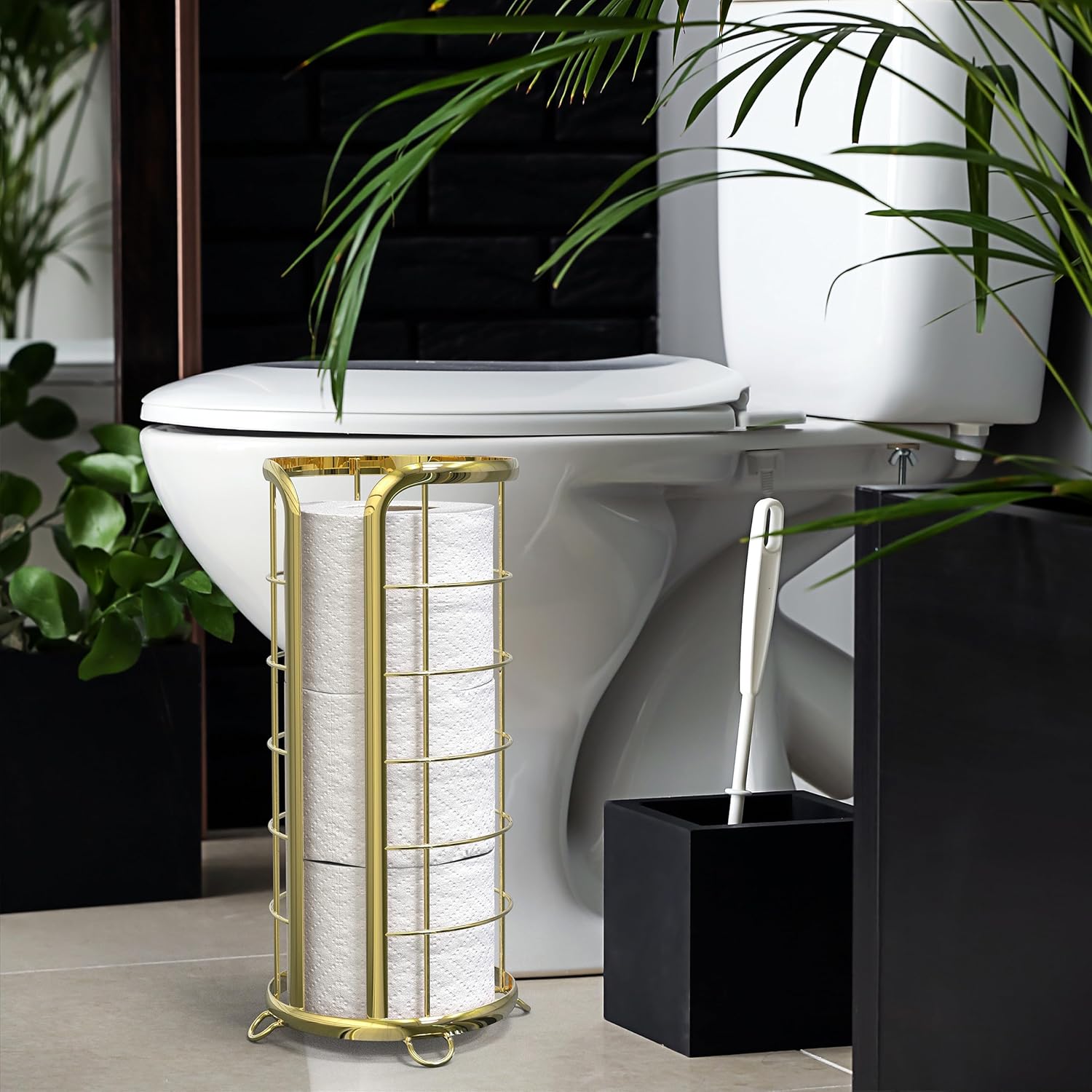 BROOKSTONE, Soporte de papel higiénico dorado, organizador de pañuelos de baño independiente, solución de almacenamiento minimalista, diseño moderno