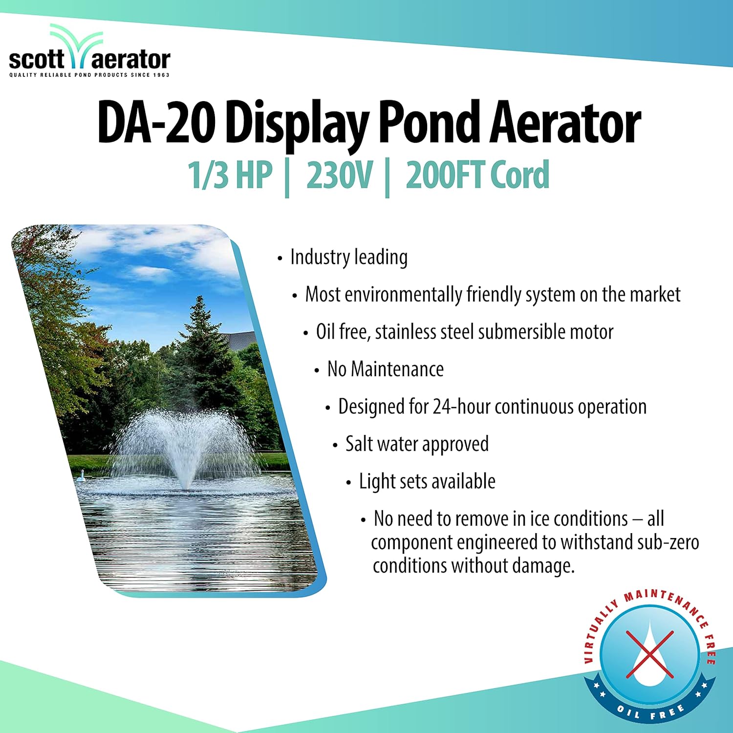 Scott Aerator DA-20 – Aireador de estanque de pantalla – 13 caballo de potencia 230 V 200 pies cable  Fuente de estanque aireador  Bomba aireadora