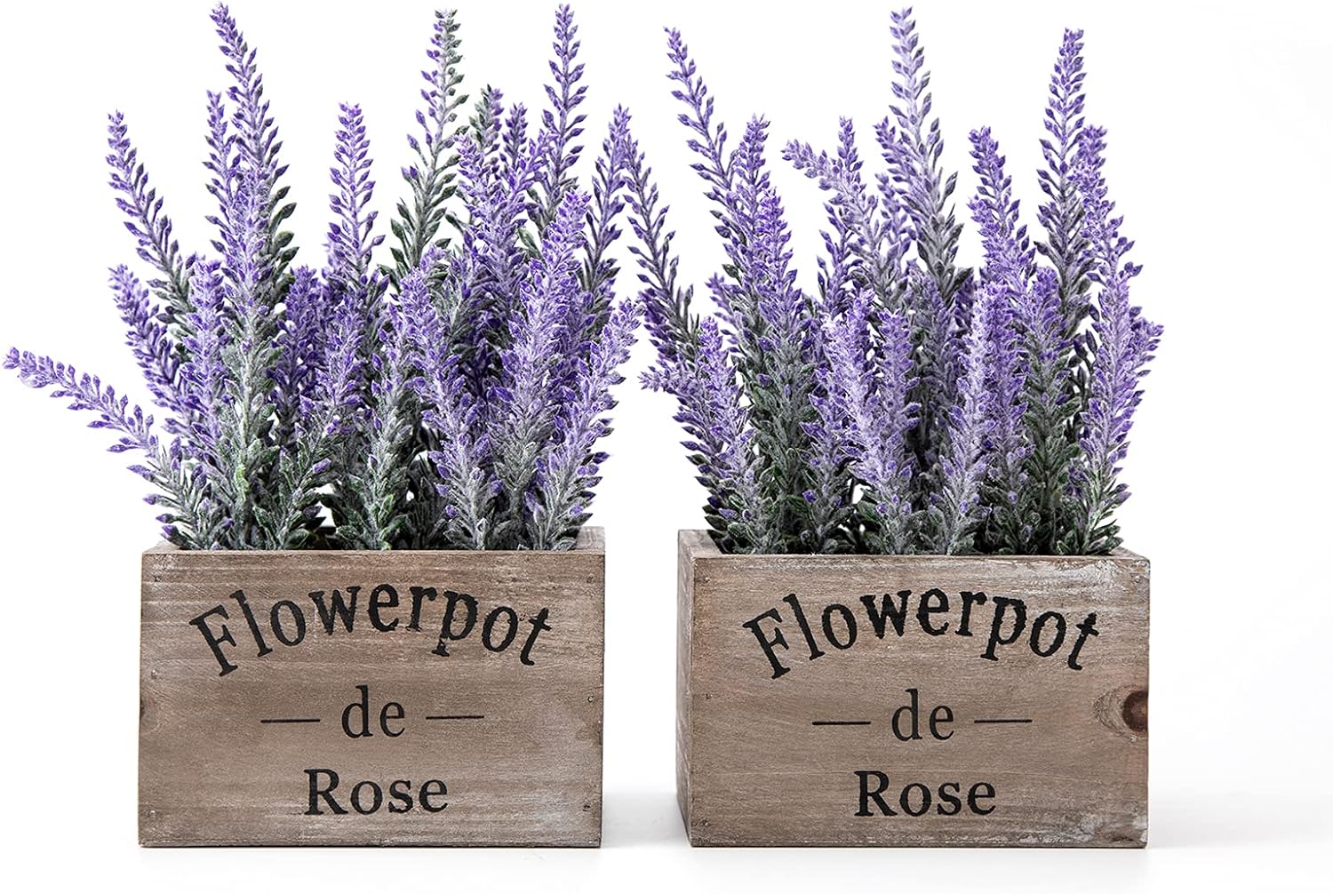 Velener 2 flores de lavanda sintética moradas con caja pequeña de madera para plantas de 5 pulgadas, plantas artificiales de granja para decoración