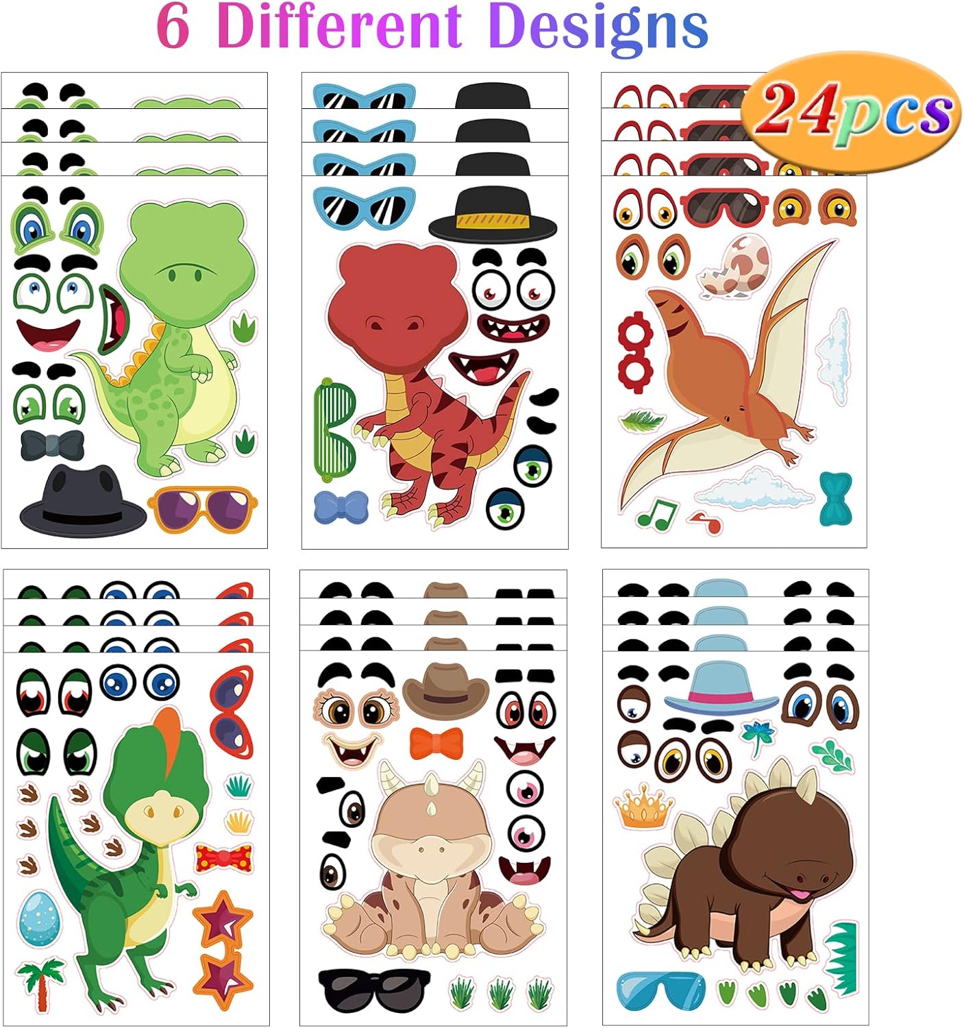 24 hojas de calcomanías de dinosaurio para actividades de niños pequeños, haz tus propias calcomanías para niños, suministros de recuerdo de fiesta