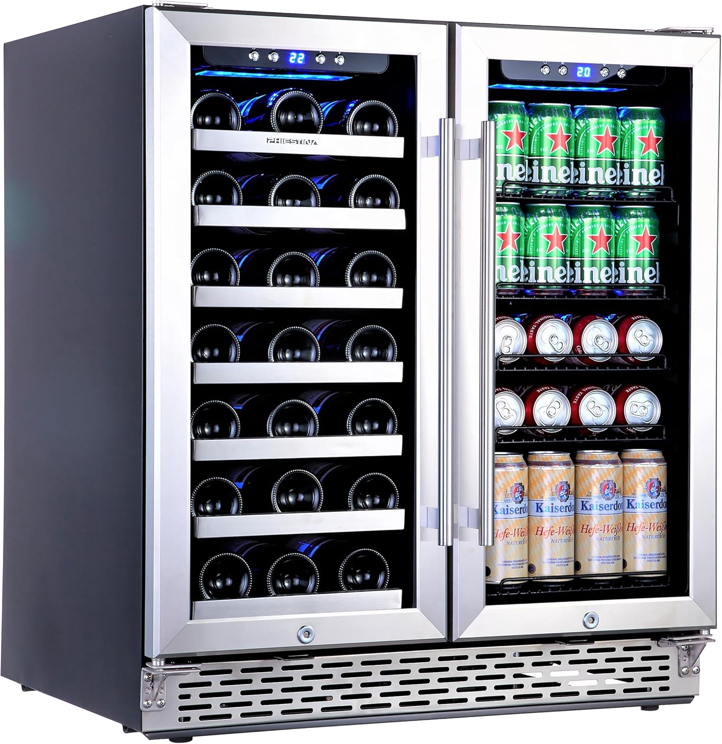 Phiestina Refrigerador de vino y bebidas, enfriador de vino de 30 pulgadas, refrigerador grande integrado o independiente, 33 botellas y 100 latas,