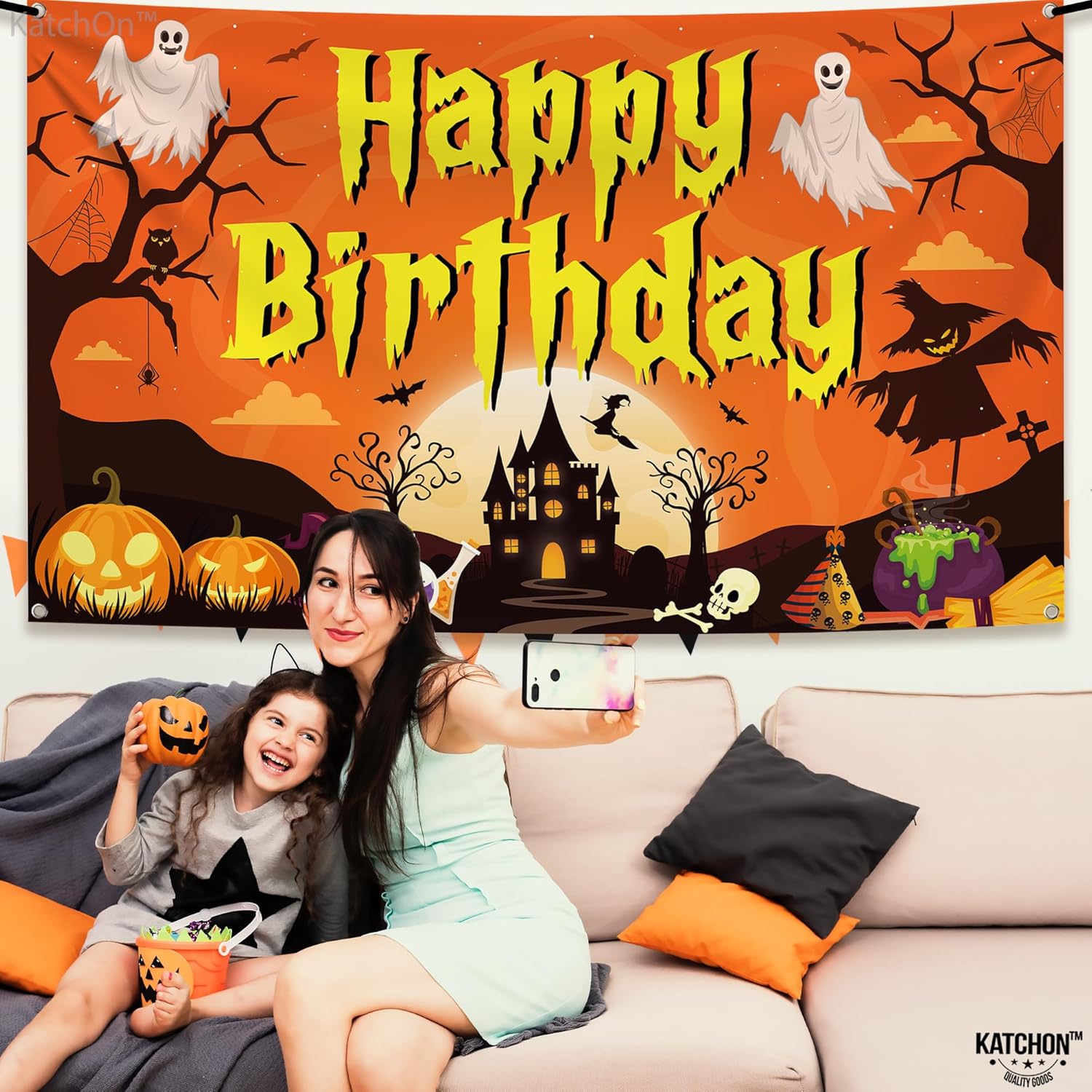 KatchOn, Pancarta espeluznante de Halloween con texto en inglés Happy Birthday  Extra grande, 72 x 44 pulgadas, telón de fondo de calabaza de