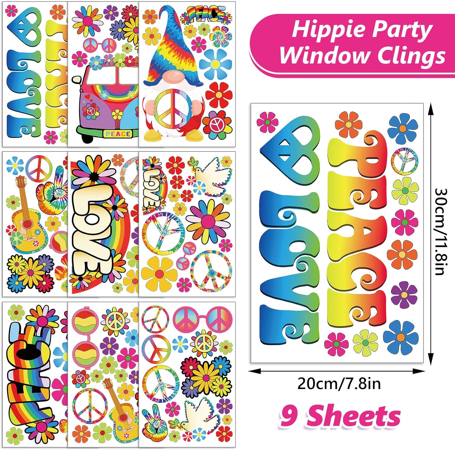Whaline 9 hojas de calcomanías de ventana hippie de los años 60, retro, de doble cara, flores coloridas, gnomo, calcomanías para ventana, hippie,