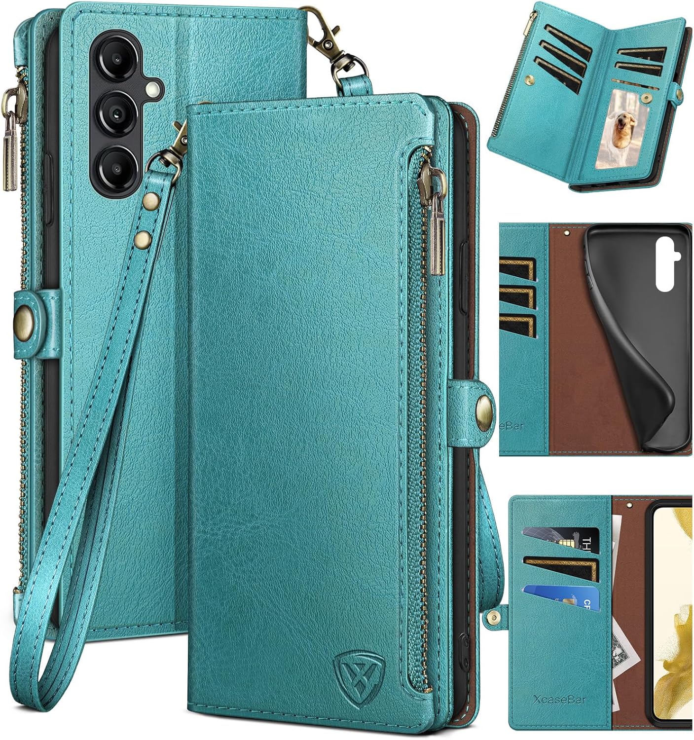 XcaseBar Funda tipo cartera para Samsung Galaxy A14 5G con cremallera y tarjetero de crédito bloqueo RFID, funda de piel sintética con tapa para